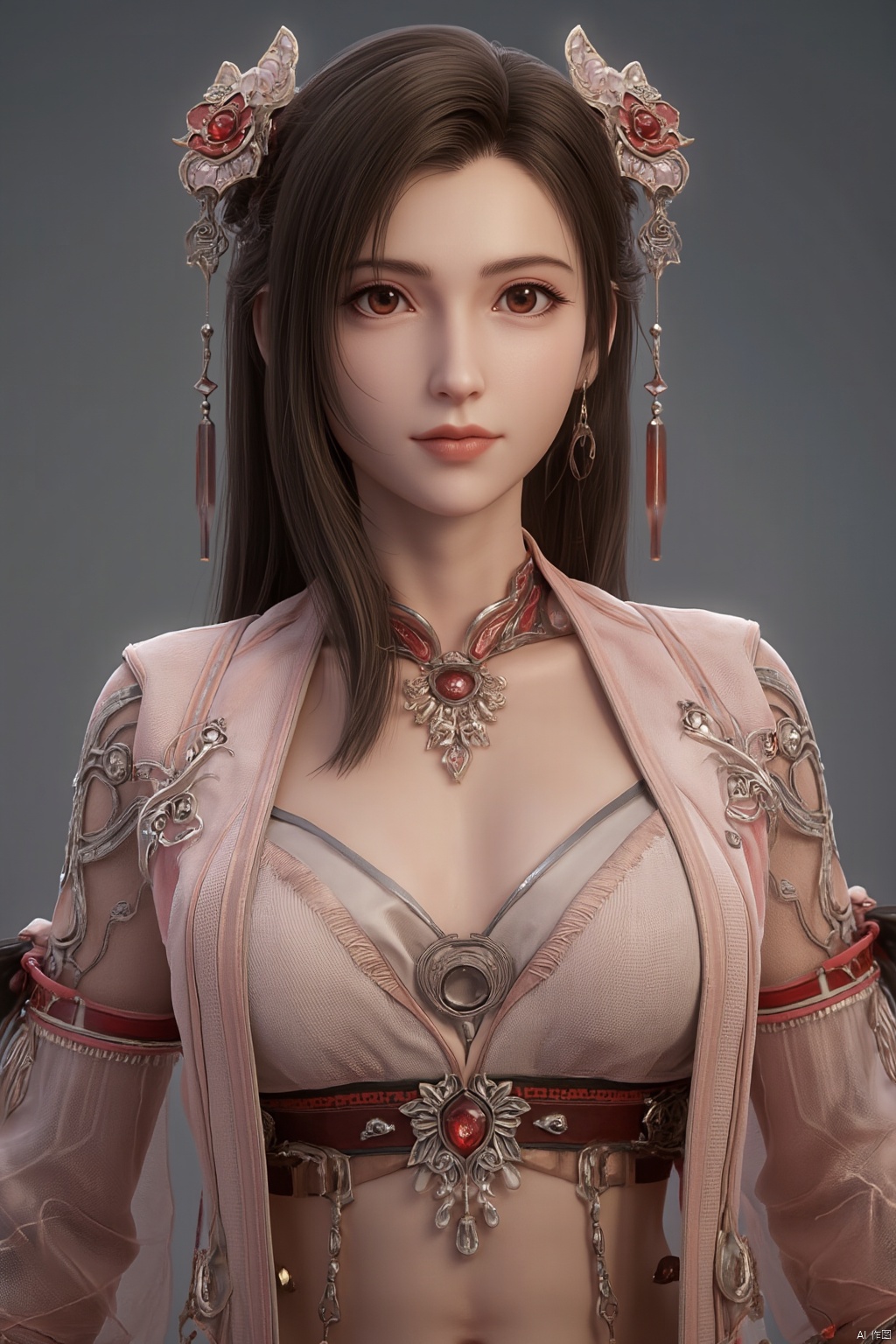 1girl, solo, breasts, looking at viewer, brown hair, black hair, hair ornament, dress, cleavage, jewelry, big breasts, upper body, earrings, parted lips, chinese clothes,Xdajisi,Xluxueqi,Xyunxiao