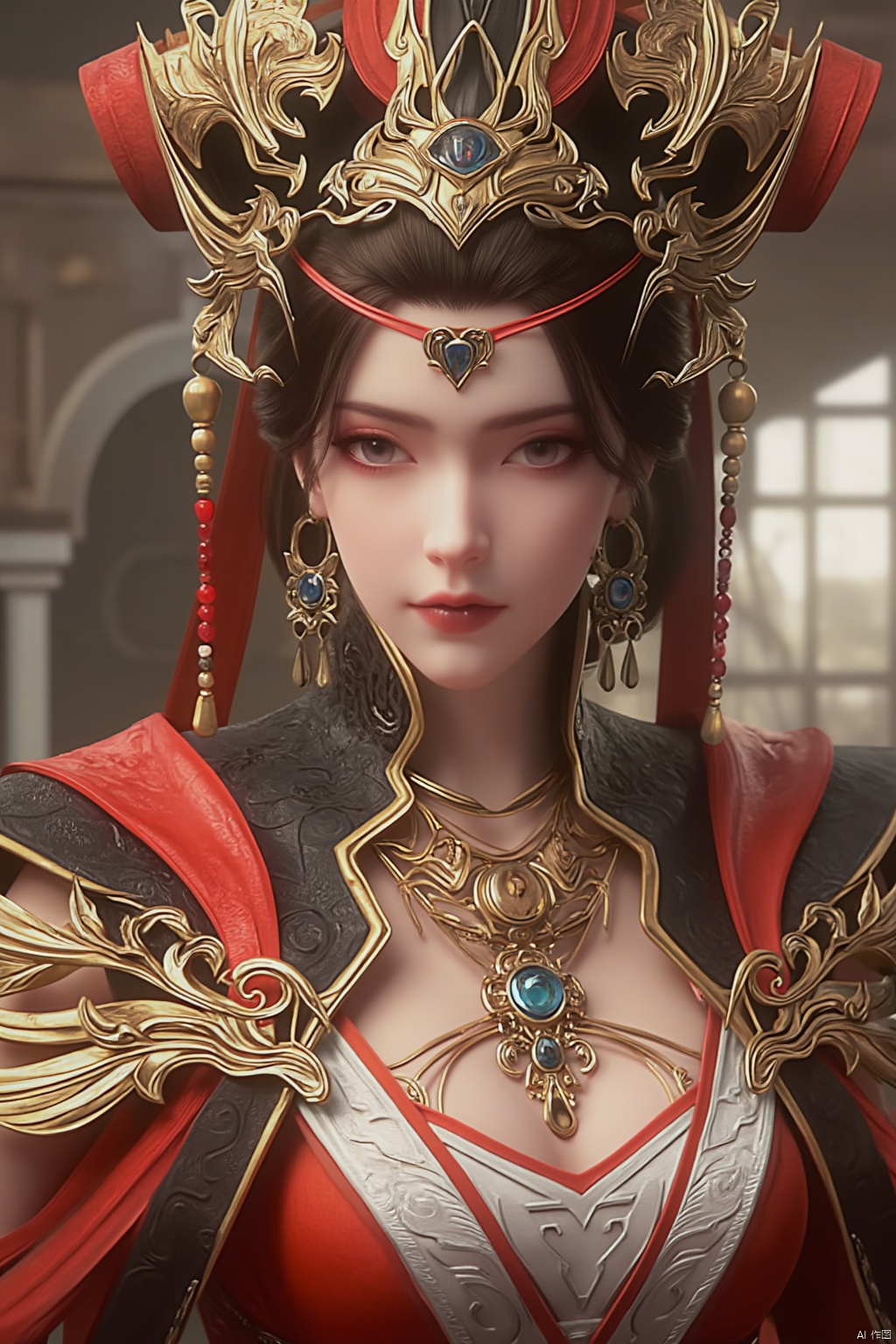 1girl, solo, breasts, looking at viewer, brown hair, black hair, hair ornament, dress, cleavage, jewelry, big breasts, upper body, earrings, parted lips, chinese clothes,Xdajisi,Xluxueqi,Xyunxiao