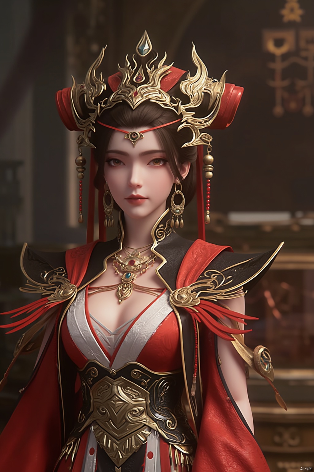 1girl, solo, breasts, looking at viewer, brown hair, black hair, hair ornament, dress, cleavage, jewelry, big breasts, upper body, earrings, parted lips, chinese clothes,Xdajisi,Xluxueqi,Xyunxiao