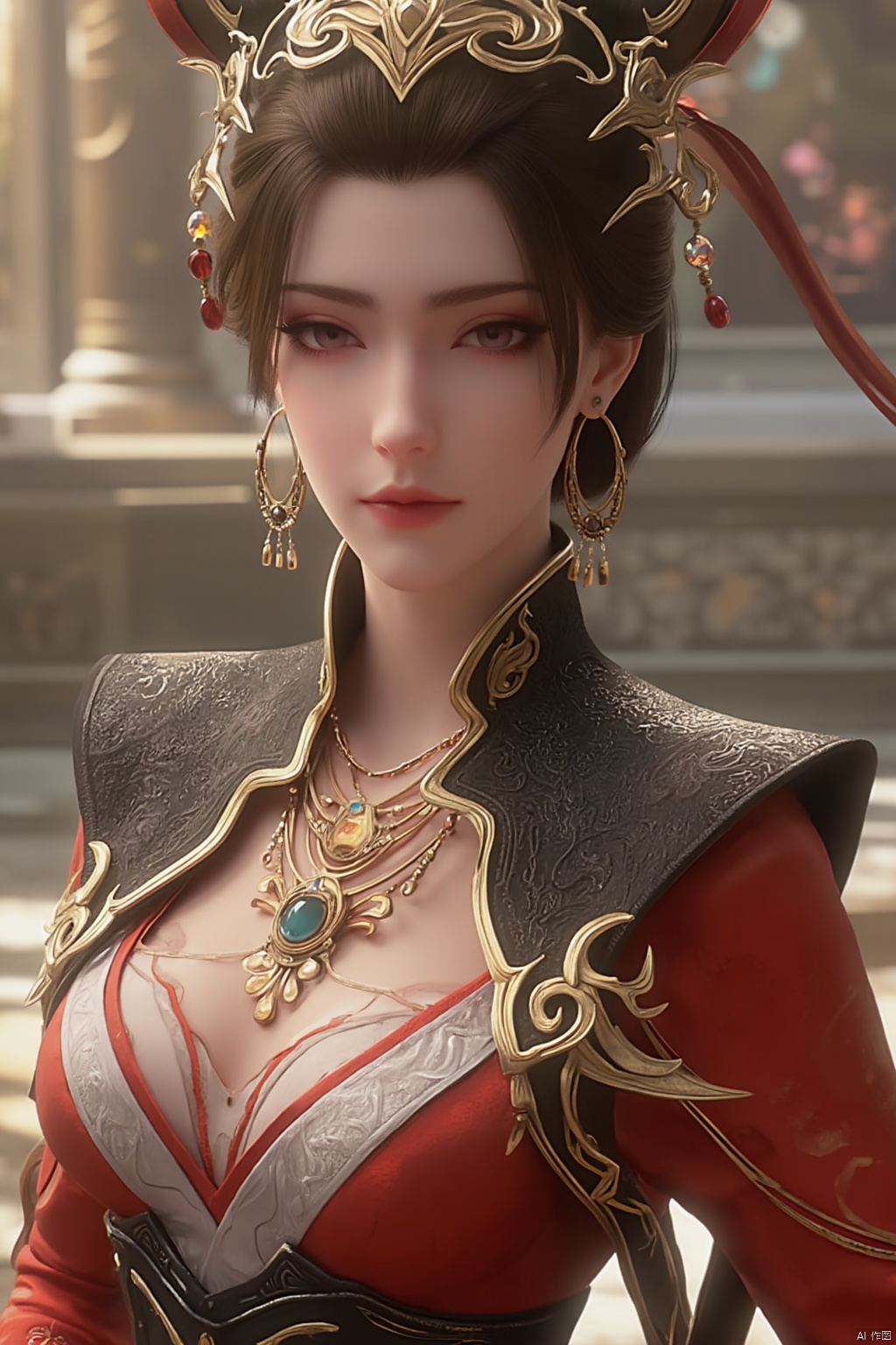 1girl, solo, breasts, looking at viewer, brown hair, black hair, hair ornament, dress, cleavage, jewelry, medium breasts, upper body, earrings, parted lips, chinese clothes,Xdajisi,Xluxueqi,Xyunxiao