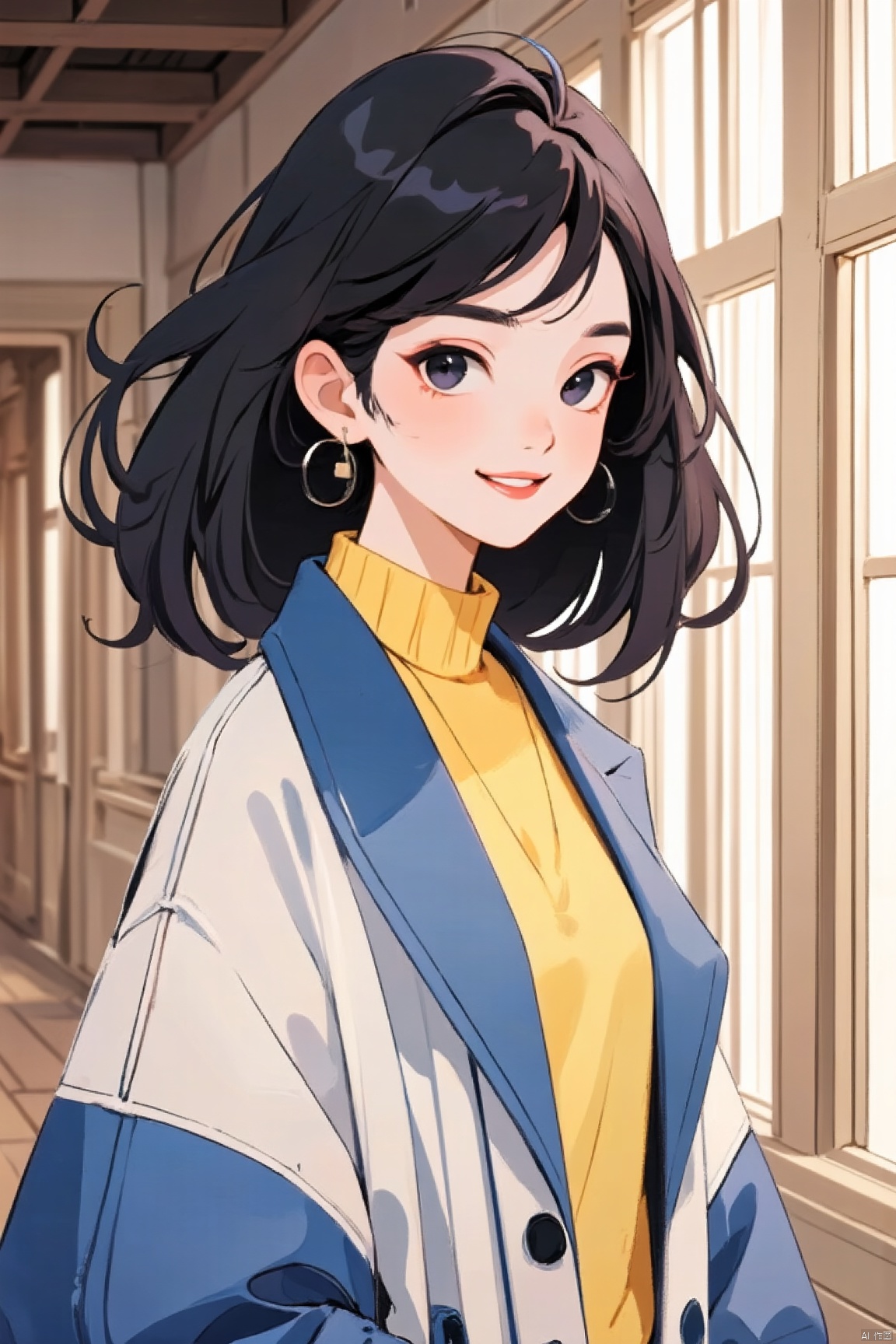 1girl,solo,smile,right view,looking at the viewer,air bangs,medium hair,black eyes, black hair,elegant,delicate facial features, upper body ,blue and white porcelain overcoat,yellow sweater, simple background, indoors,(best quality), ((masterpiece)), (an extremely delicate and beautiful), original, extremely detailed wallpaper
