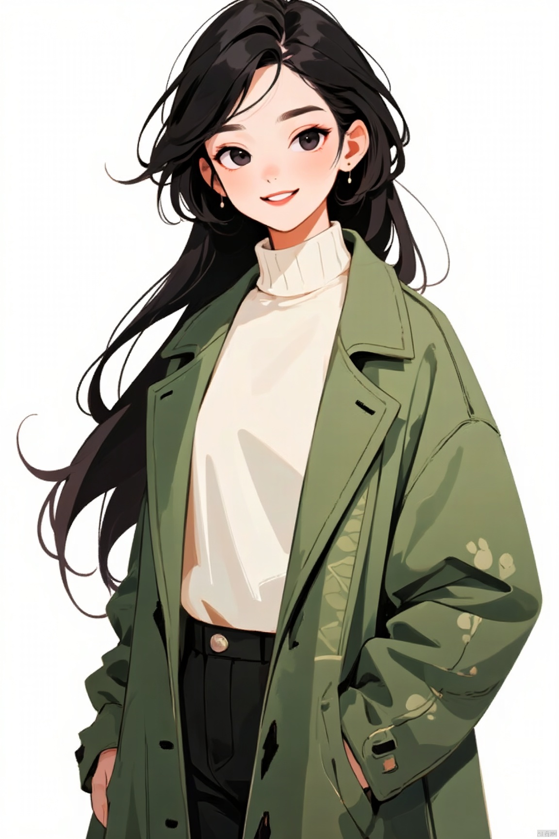 1girl,solo,long hair,black eyes, red hair,smile,elegant,delicate facial features, upper body ,green overcoat,white sweater,black hair ,looking at viewer,simple background, white background,(best quality), ((masterpiece)), (an extremely delicate and beautiful), original, extremely detailed wallpaper
