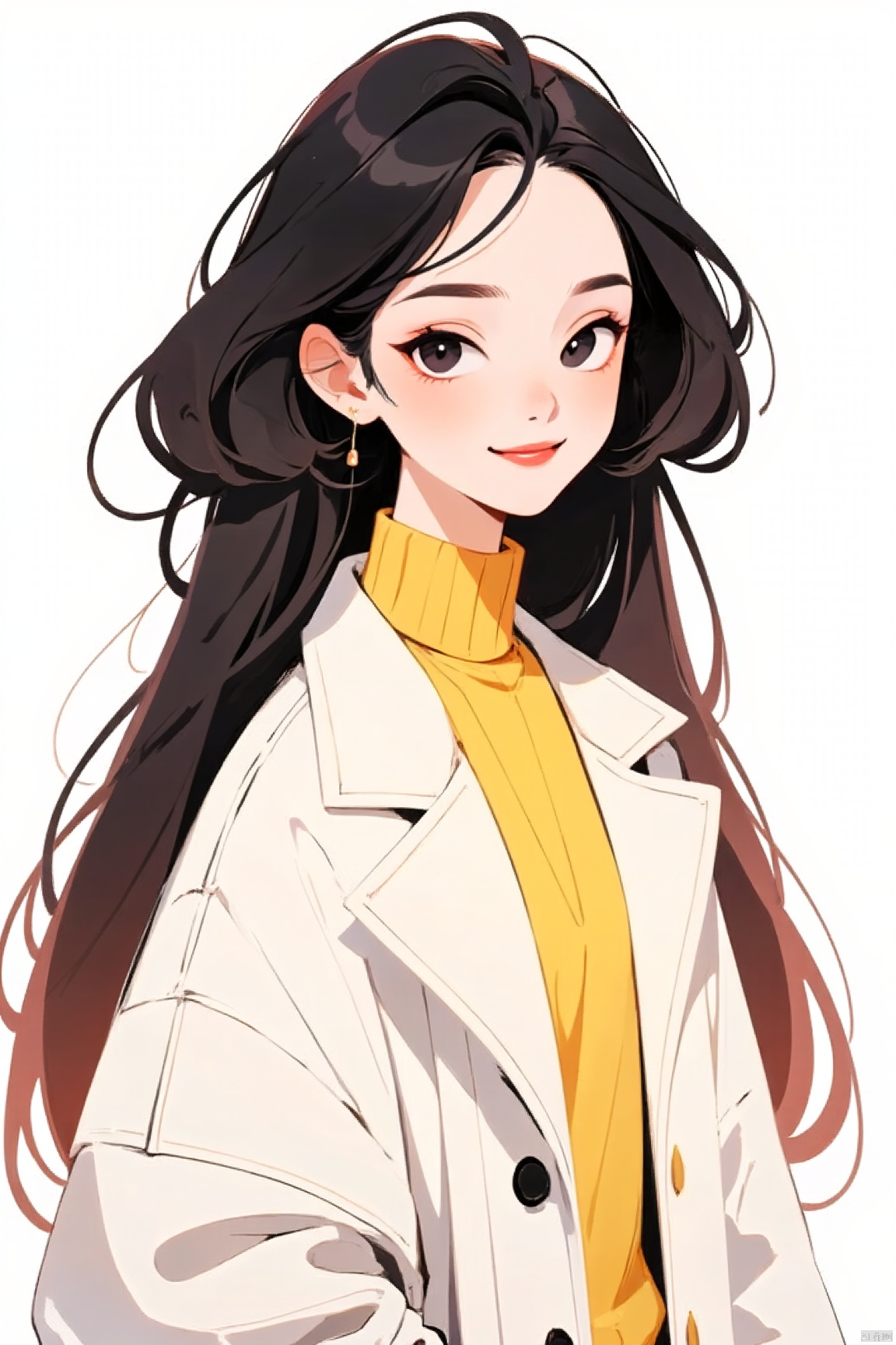 1girl,solo,long hair,black eyes, red hair,smile,elegant,delicate facial features, upper body ,white overcoat,yellow sweater,black hair ,looking at viewer,simple background, white background,(best quality), ((masterpiece)), (an extremely delicate and beautiful), original, extremely detailed wallpaper
