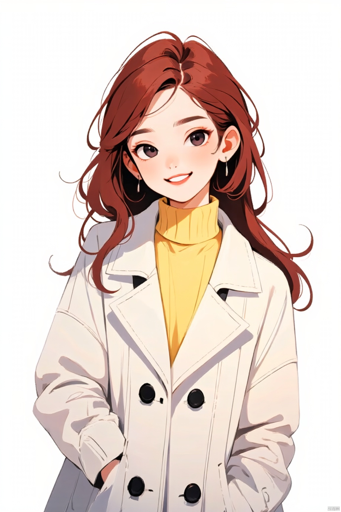 1girl,solo,long hair,black eyes, red hair,smile,elegant,delicate facial features, upper body ,white overcoat,yellow sweater,black hair ,looking at viewer,simple background, white background,(best quality), ((masterpiece)), (an extremely delicate and beautiful), original, extremely detailed wallpaper
