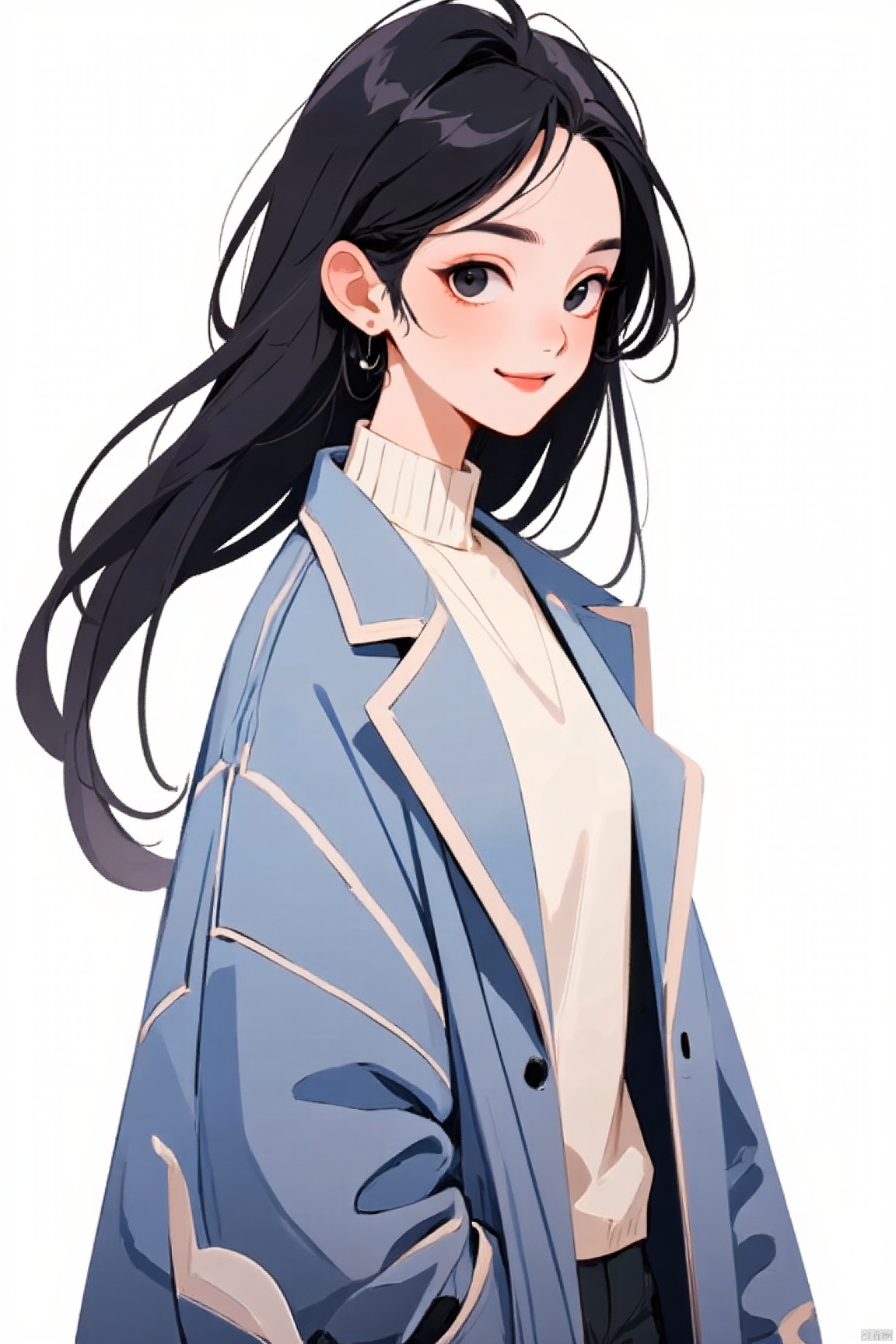 1girl,solo,long hair,black eyes, red hair,smile,elegant,delicate facial features, upper body ,blue and white porcelain overcoat,white sweater,black hair ,looking at viewer,simple background, white background,(best quality), ((masterpiece)), (an extremely delicate and beautiful), original, extremely detailed wallpaper
