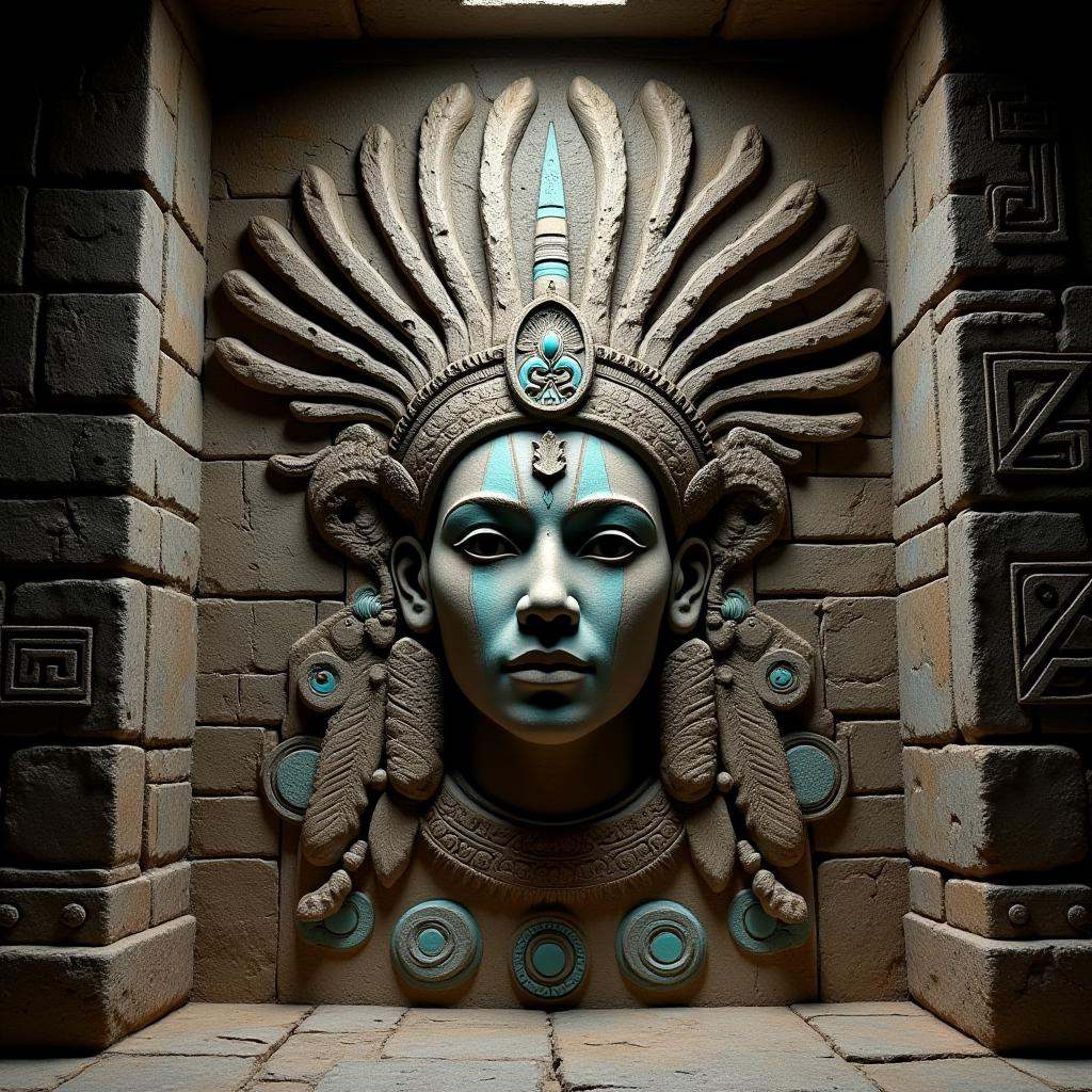 <lora:Laura_Flux_Ahkinama:1>In the heart of an ancient city, a colossal stone mural adorns the inner sanctum of a forgotten temple. At its center is the intricately carved face of a Mayan priestess or deity, her serene expression radiating wisdom and mystery. Her headpiece is an elaborate construction of feathers, geometric patterns, and sacred symbols, representing her connection to both the heavens and the earth. The surrounding stone wall is adorned with interlocking glyphs and futuristic geometric shapes, creating a seamless blend of ancient architecture and otherworldly technology.The priestess’s face appears lifelike, with turquoise accents on her cheeks and eyes that seem to follow those who enter the chamber. The air hums with an ancient energy, and the walls of the temple seem to pulse with the knowledge of a forgotten civilization. Legends say that this mural is not merely a tribute, but a portal to a realm of higher understanding, activated only by those who can decipher the sacred glyphs embedded within the wall. The temple’s hidden power lies dormant, waiting for the next chosen one to unlock its secrets.