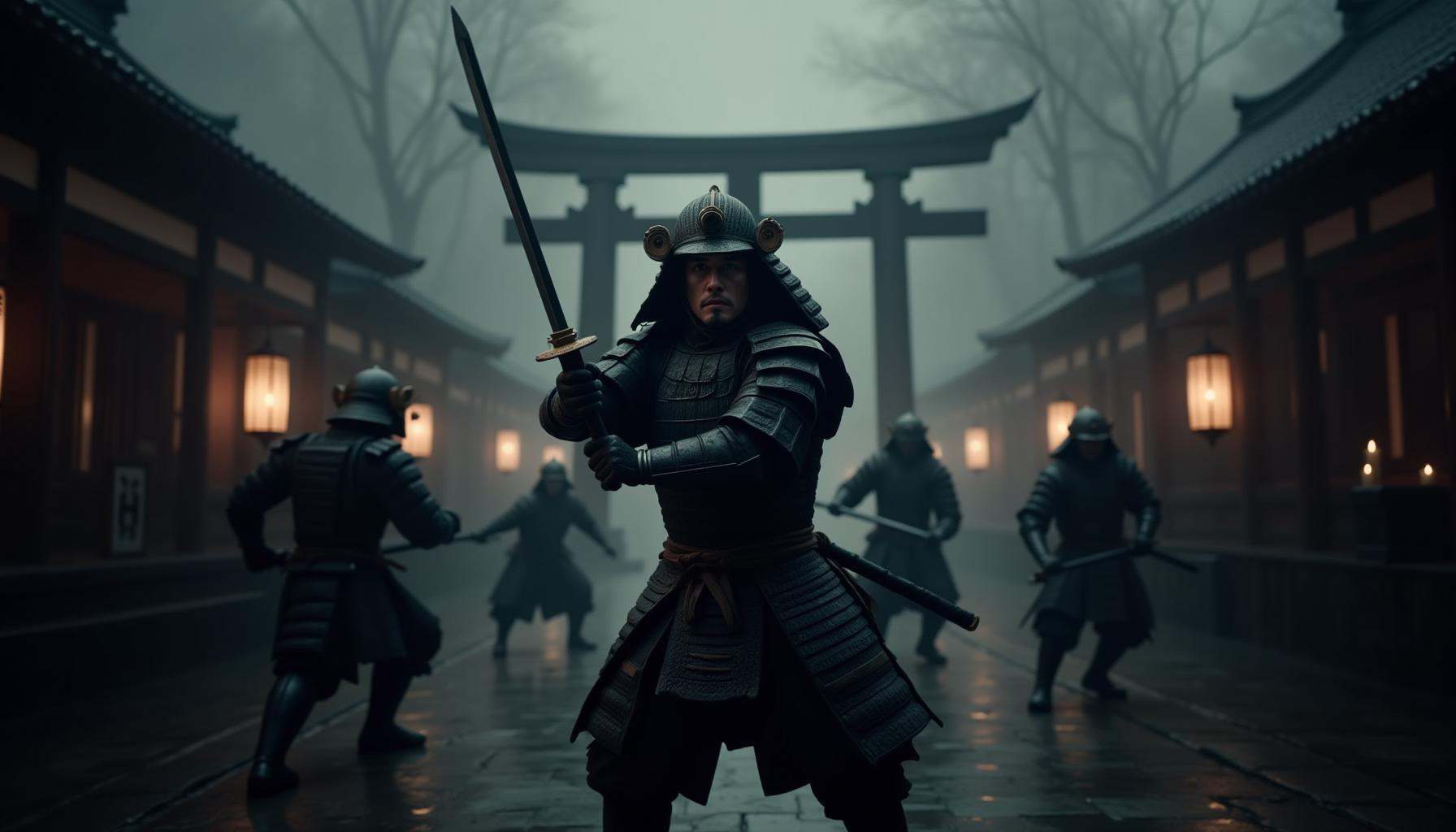 cinematic film still "The same samurai warrior from the earlier scene, wearing his dark, battle-worn armor, is engaged in combat with enemy warriors. His face is clearly visible with an intense expression that matches his previous appearance. The armor he wears is identical to the earlier images, with intricate dark plating and visible signs of battle wear. The Torii gate and glowing shrine lanterns remain in the background, and the atmosphere is filled with mist. The other enemy warriors, dressed in their dark, spiked armor, clash with him, but the focus remains on the main samurai, his katana raised and ready to strike. The wet stone courtyard beneath them reflects the soft glow of the lanterns, keeping the lighting and environment consistent with the original image." . shallow depth of field, vignette, highly detailed, high budget, bokeh, cinemascope, moody, epic, gorgeous, film grain, grainy