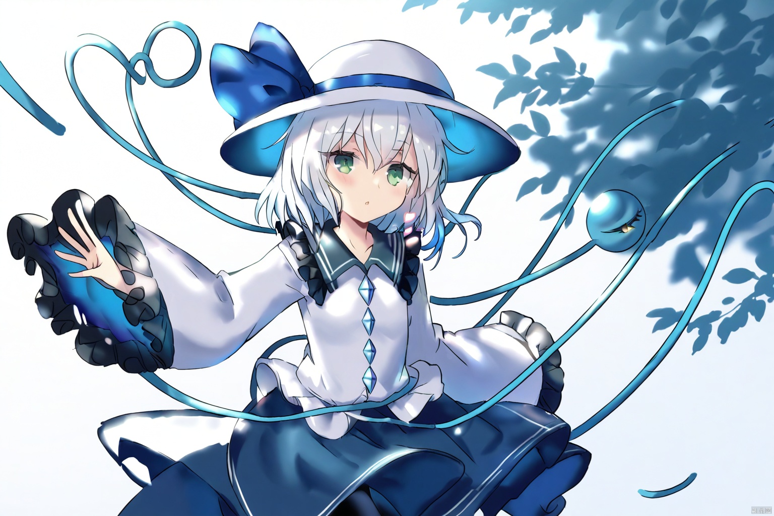 masterpiece,best quality,illustration,ultra detailed,hdr,Depth of field,(colorful),Artist rokusai,dusk,under tree,1girl,white hair,third_eye, white shirt, white_hat,frilled_sleeves,frilled_shirt_collar, wide_sleeves, hat_bow, dark_blue_skirt, heart_of_string, blue_bow, hat_ribbon, diamond_button, blue_ribbon, eyeball,whiteKoishi,green_eyes