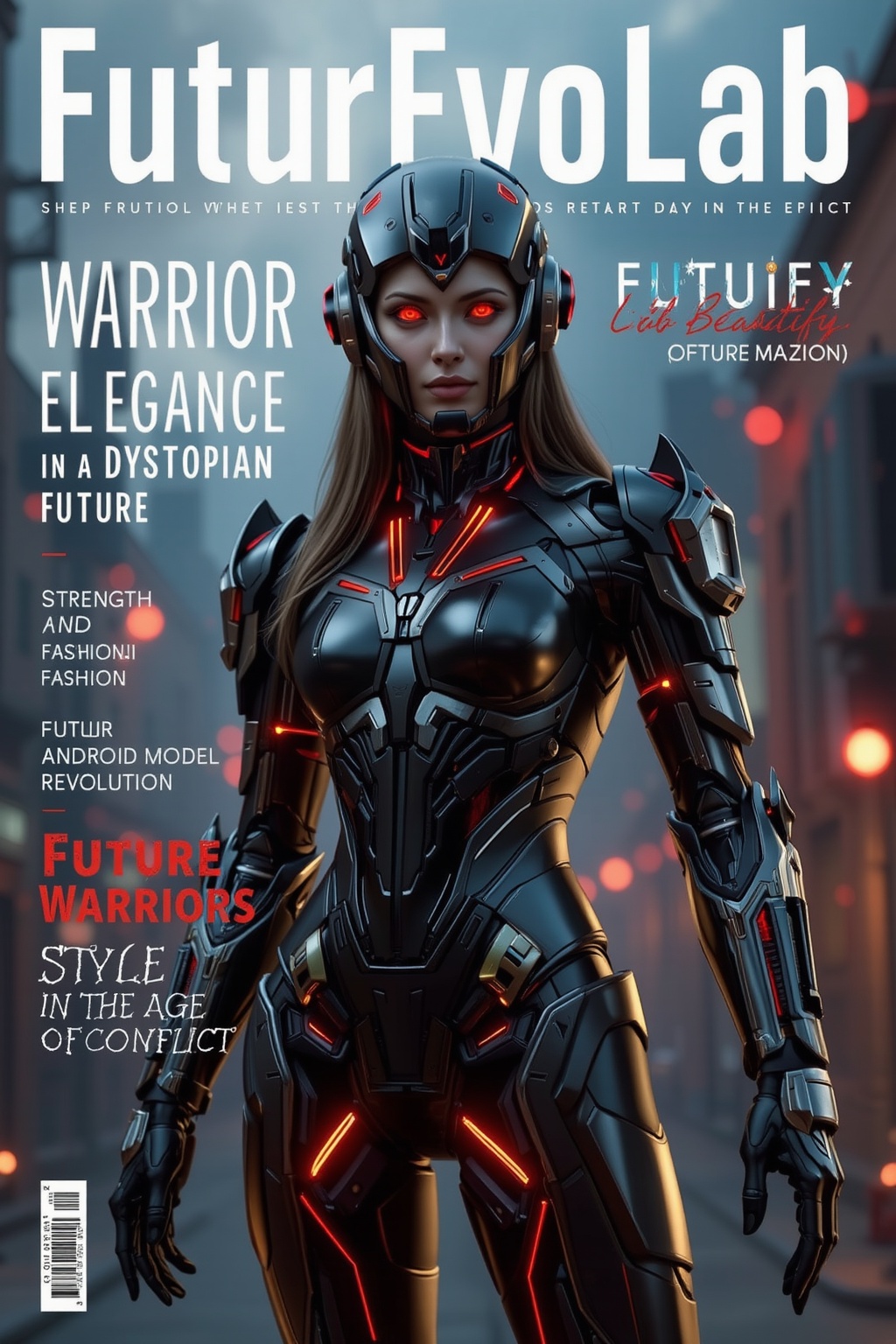 A dynamic magazine cover featuring a female android in sleek,  matte black armor,  designed for both combat and style. Her...