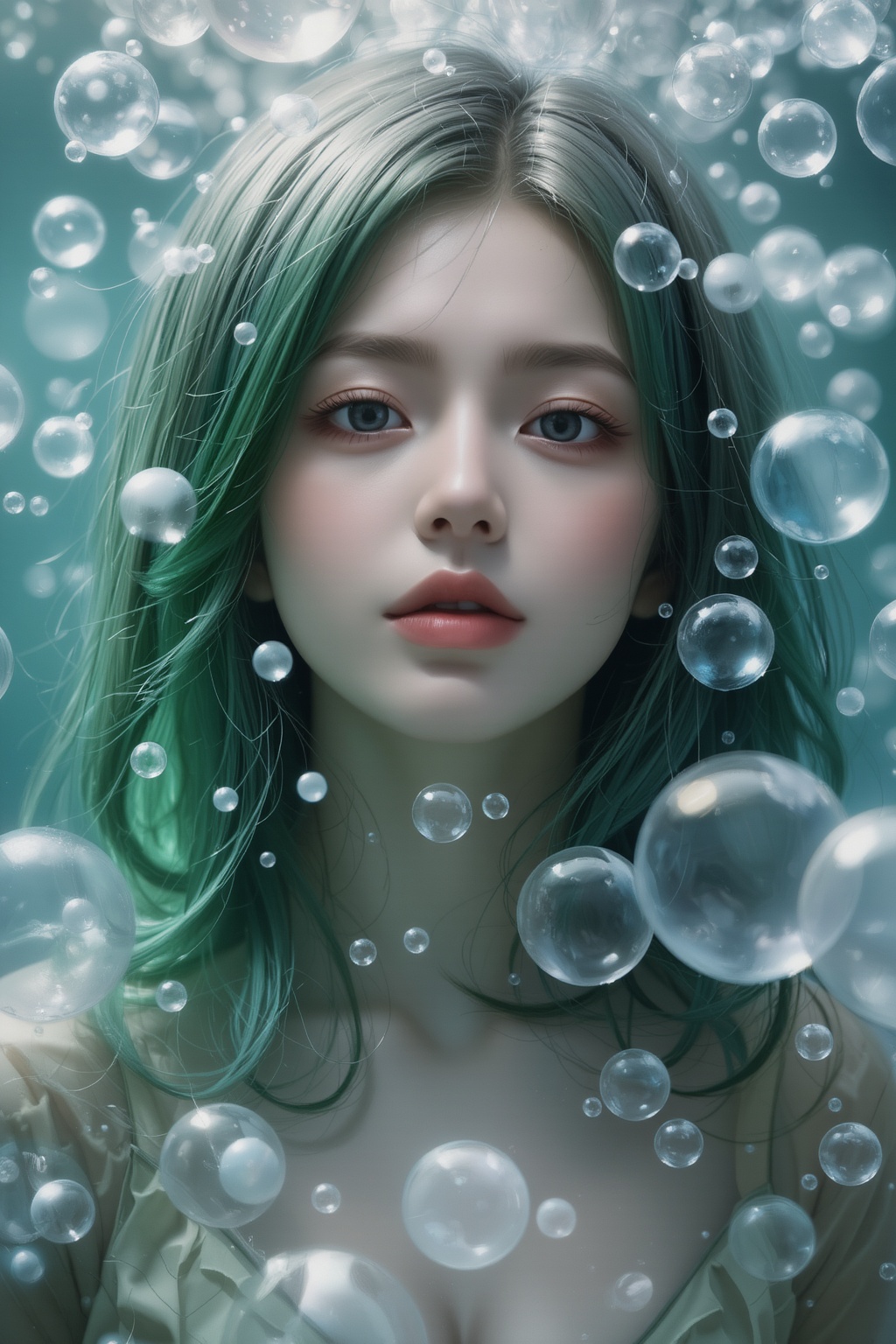 a woman with green hair is surrounded by bubbles,  inspired by Yanjun Cheng,  fantasy art on Tensor.Art