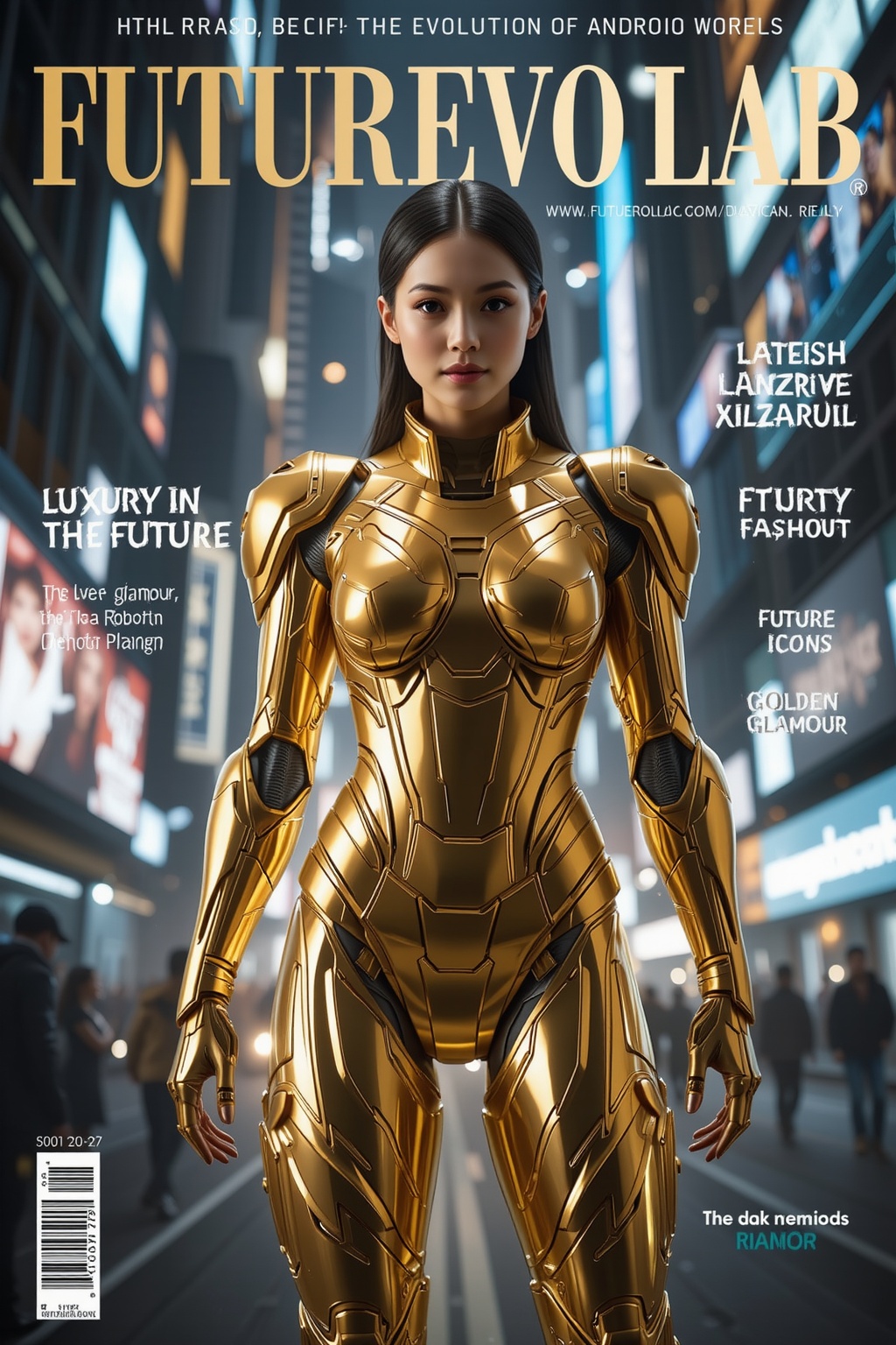 A high-tech magazine cover featuring a stunning female android in a luxurious,  gold-plated mech-suit,  glowing softly und...