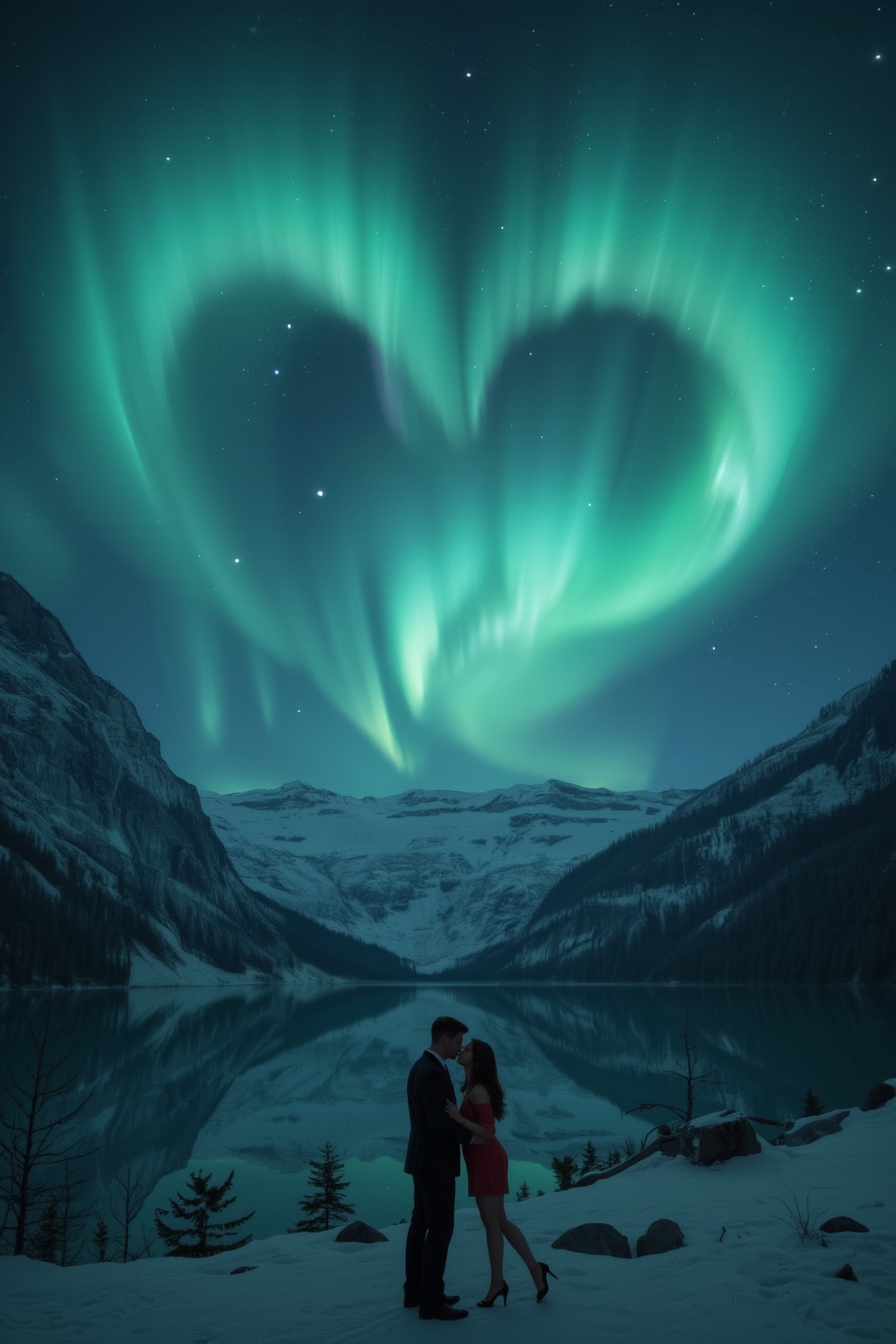 aurora borealis,  over snowy mountains,  lake on Tensor.Art