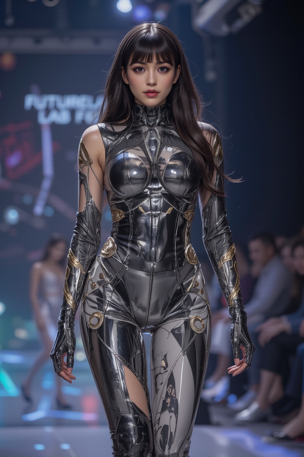 A glamorous female robot on the runway,  dressed in a form-fitting latex bodysuit with a chrome finish,  reflecting the li...