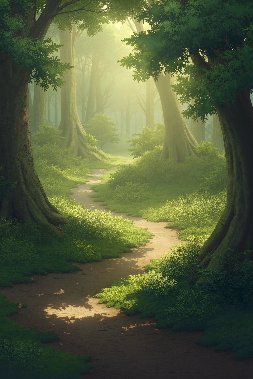 A serene forest path unwinds through the dense underbrush,  dappled sunlight filtering through the leafy canopy above,  ca...