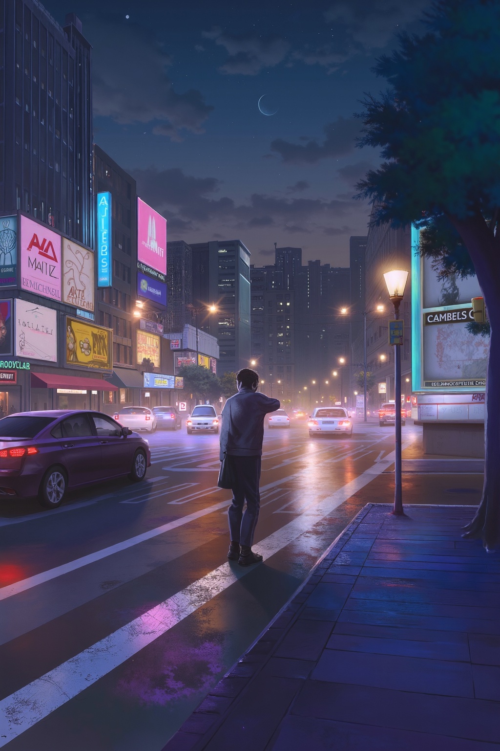 A cityscape at night: neon lights reflecting off wet pavement,  casting a colorful glow on surrounding buildings and cars...