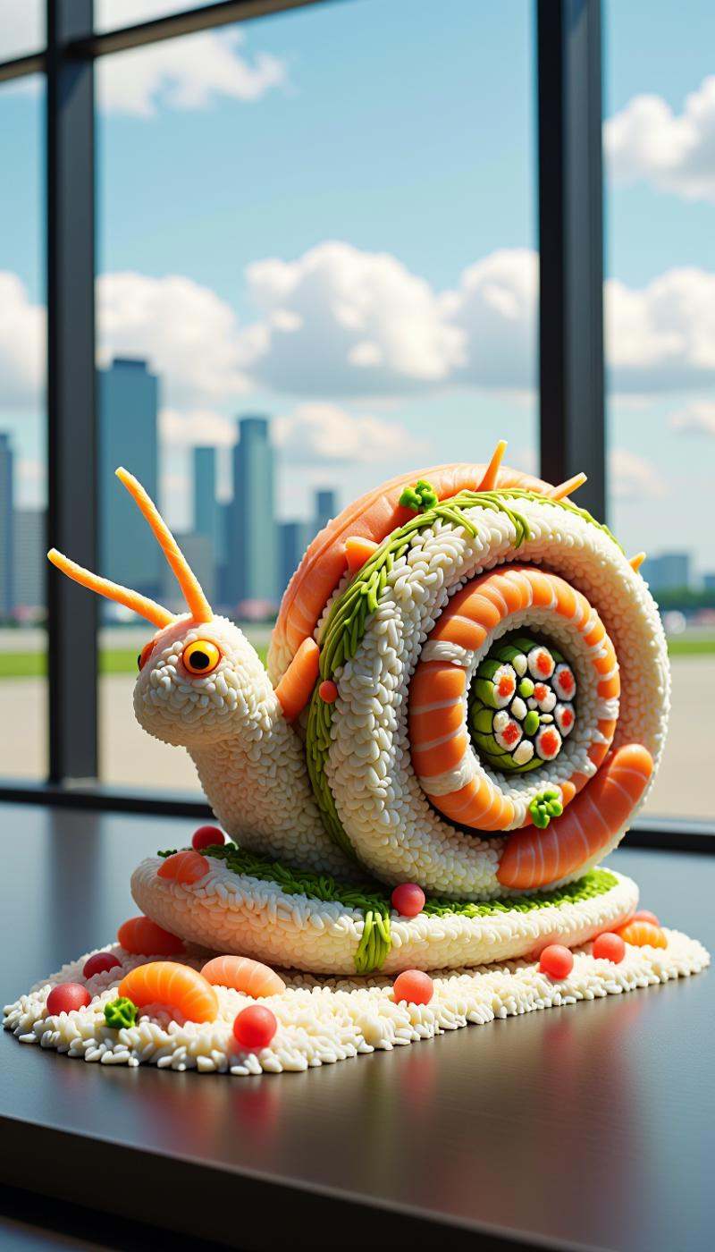 <lora:SushiStyleFlux:1>Made out of sushi, a SushiStyle snail, in airport