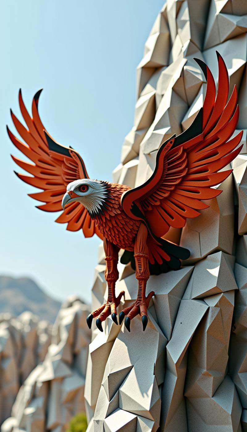 <lora:PaperStyleFlux:0.75>Made out of paper, a PaperStyle a mechanical spy eagle launching from a cliffside hangar, papercraft, crumpled paper