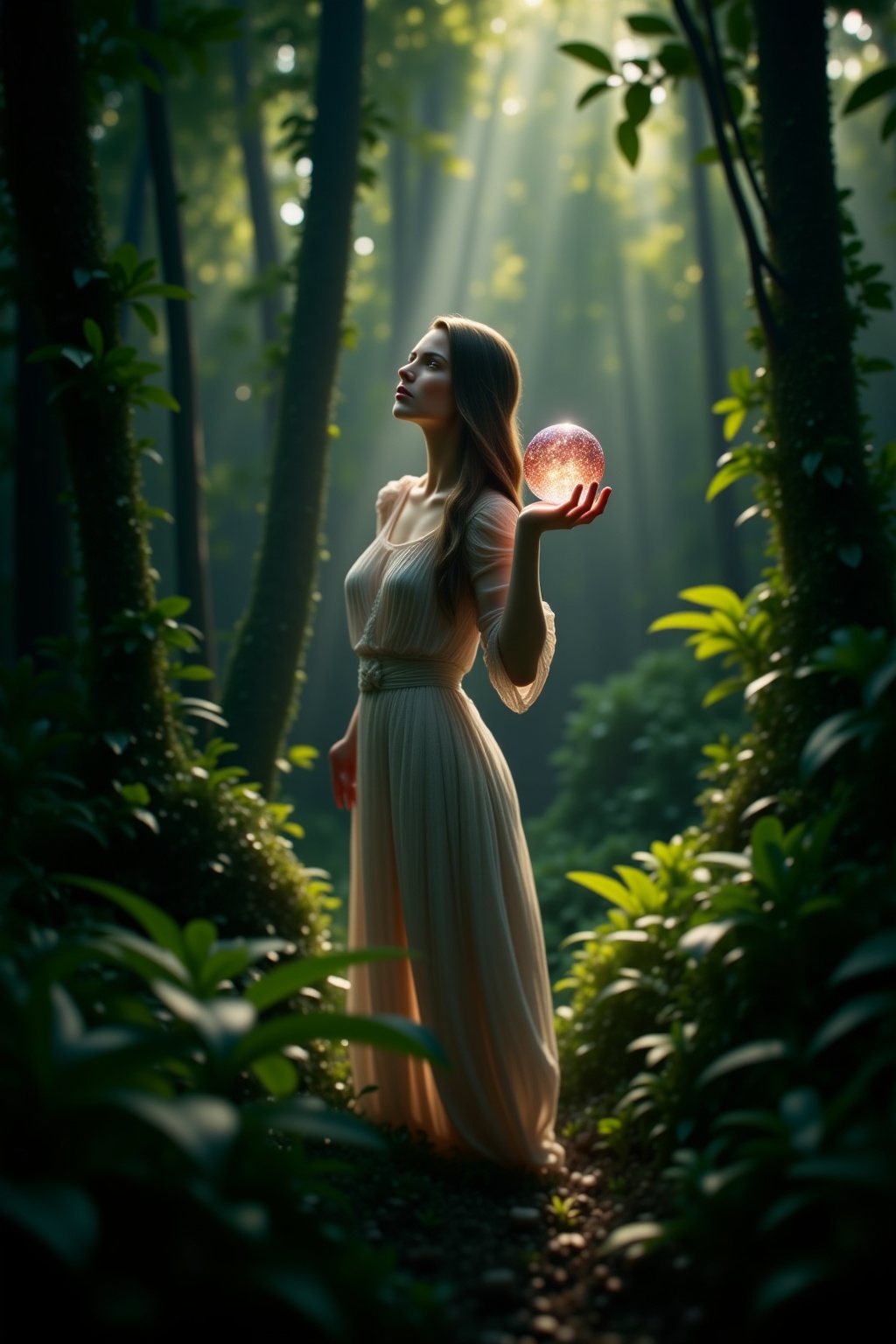 A serene and mystical scene unfolds: a crystal-wielding woman stands amidst a lush forest,  her slender fingers grasping a...