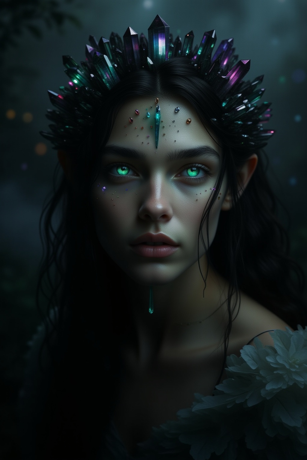 A dark and ethereal portrait of an elf in which her pale skin contrasts with the gloom that surrounds her. Her almond-shap...