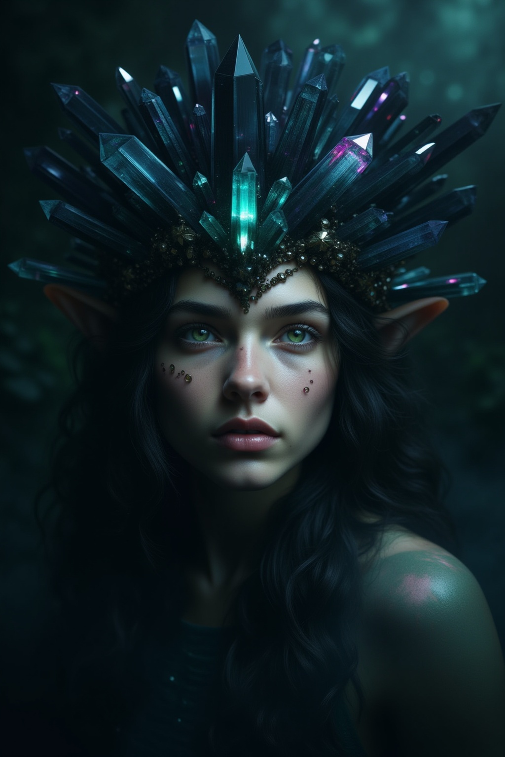 A dark and ethereal portrait of an elf in which her pale skin contrasts with the gloom that surrounds her. Her almond-shap...