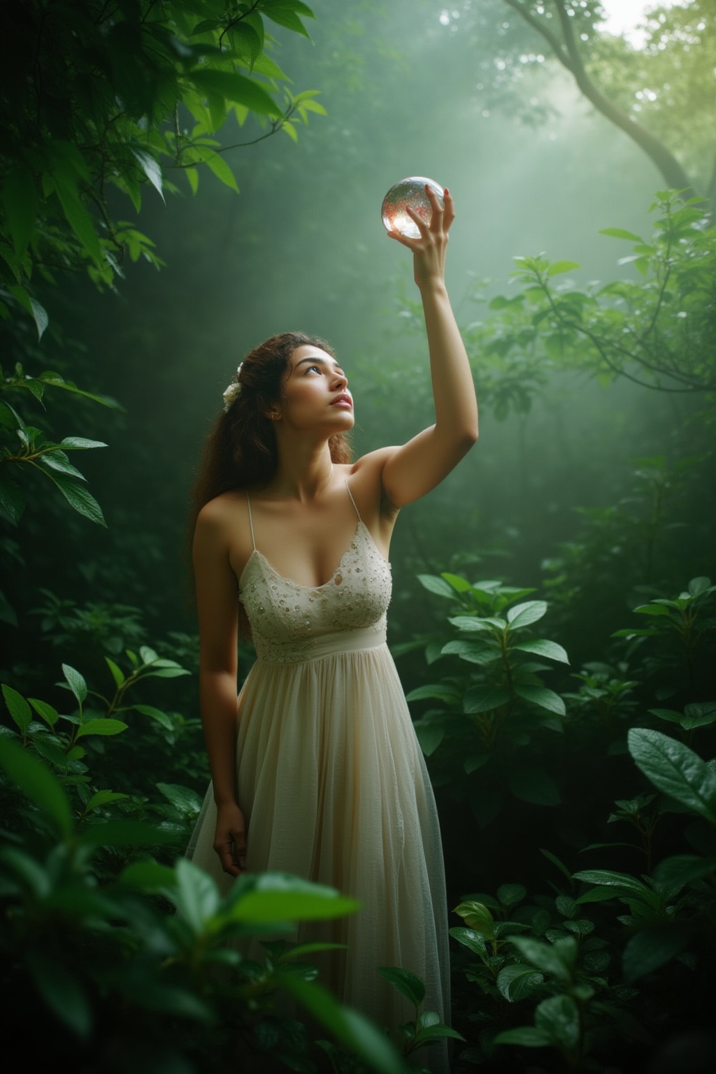 A serene and mystical scene unfolds: a crystal-wielding woman stands amidst a lush forest,  her slender fingers grasping a...