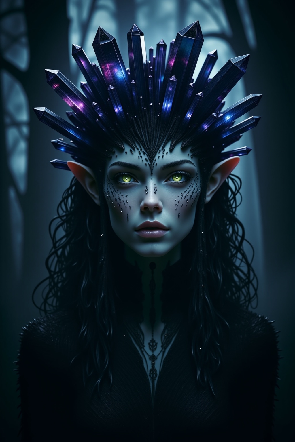 A dark and ethereal portrait of an elf in which her pale skin contrasts with the gloom that surrounds her. Her almond-shap...