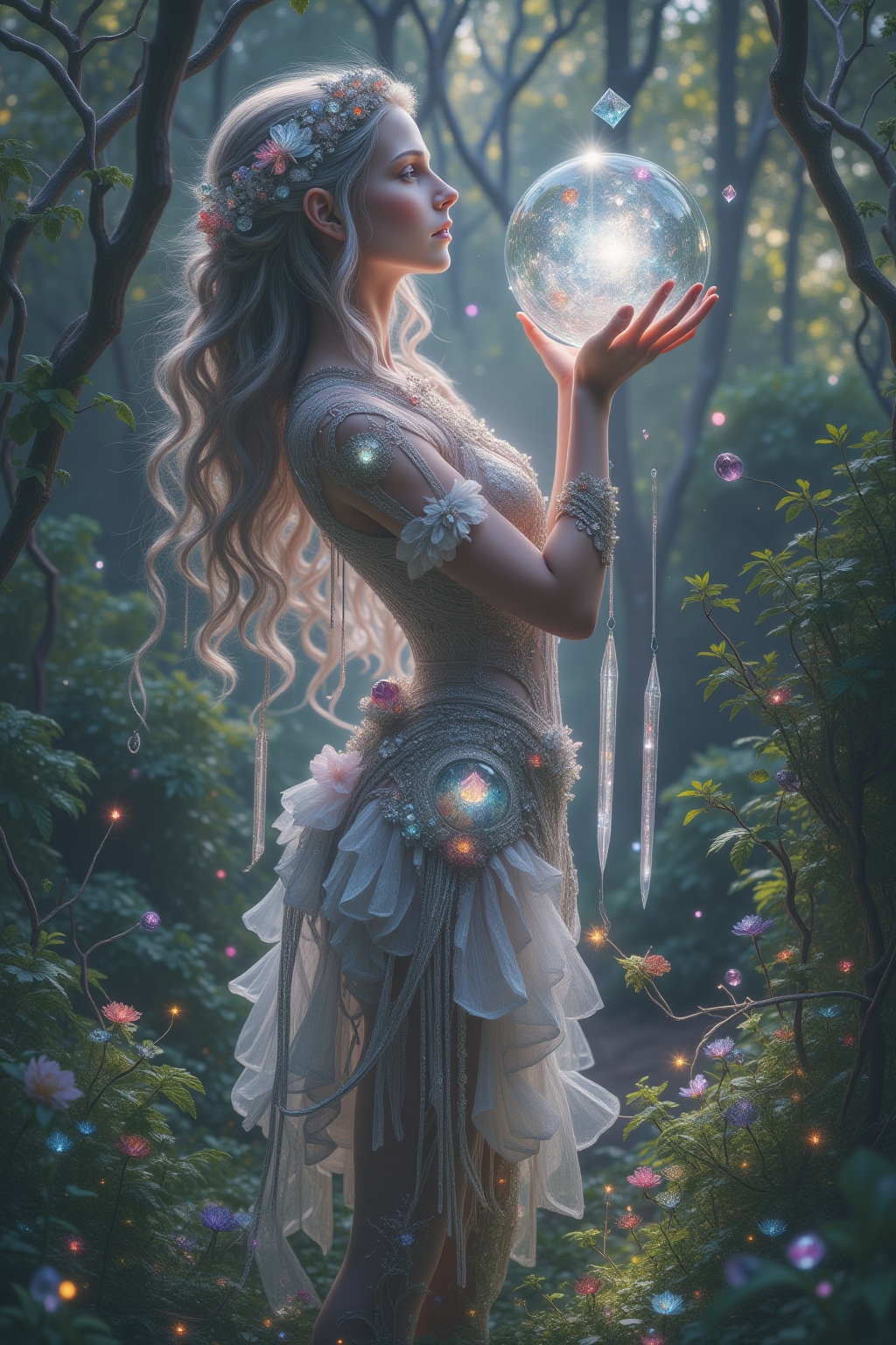 A serene and mystical scene unfolds: a crystal-wielding woman stands amidst a lush forest,  her slender fingers grasping a...