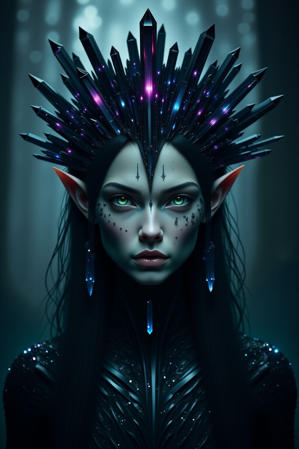 A dark and ethereal portrait of an elf in which her pale skin contrasts with the gloom that surrounds her. Her almond-shap...