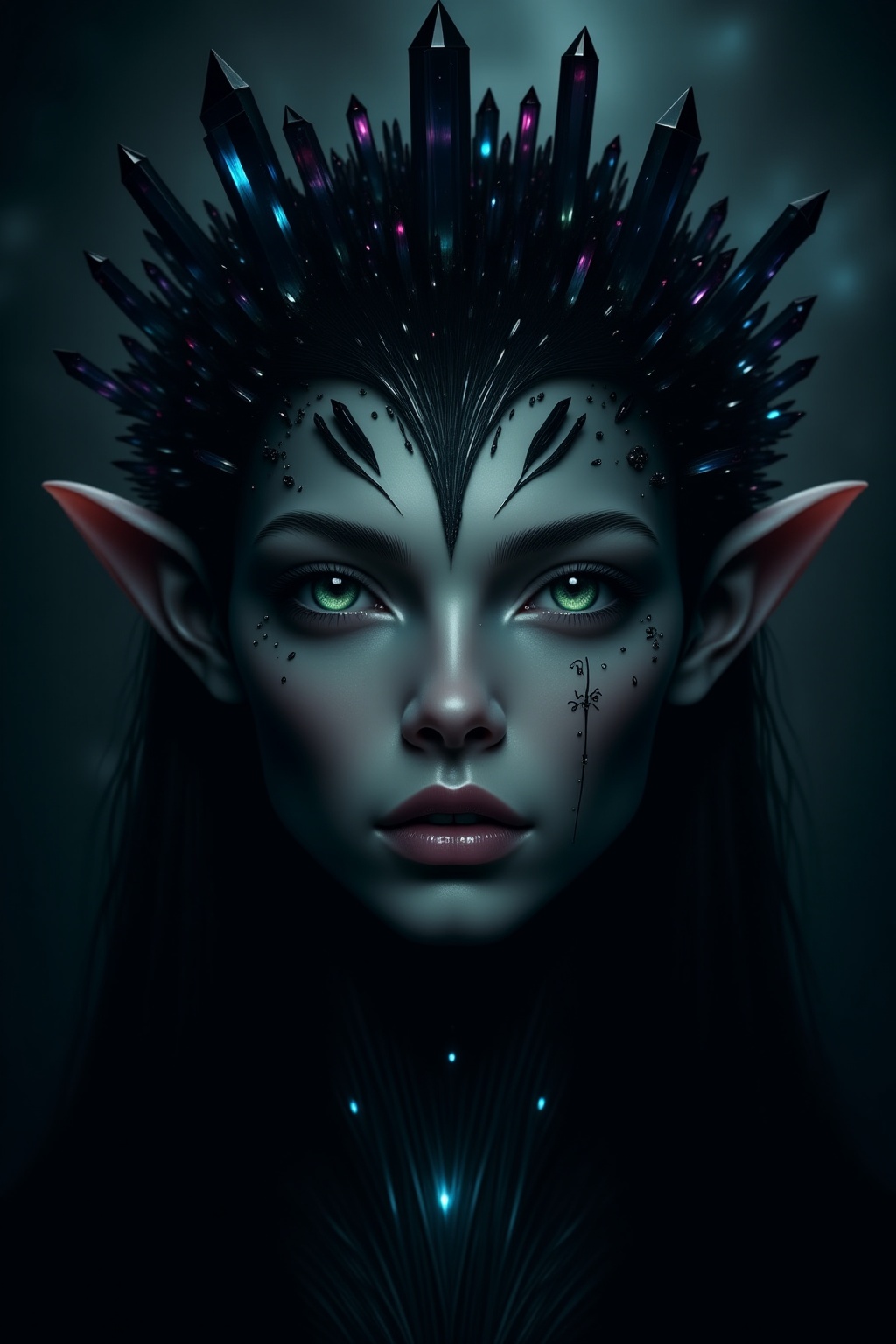 A dark and ethereal portrait of an elf in which her pale skin contrasts with the gloom that surrounds her. Her almond-shap...