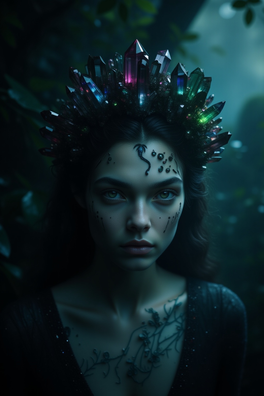 A dark and ethereal portrait of an elf in which her pale skin contrasts with the gloom that surrounds her. Her almond-shap...