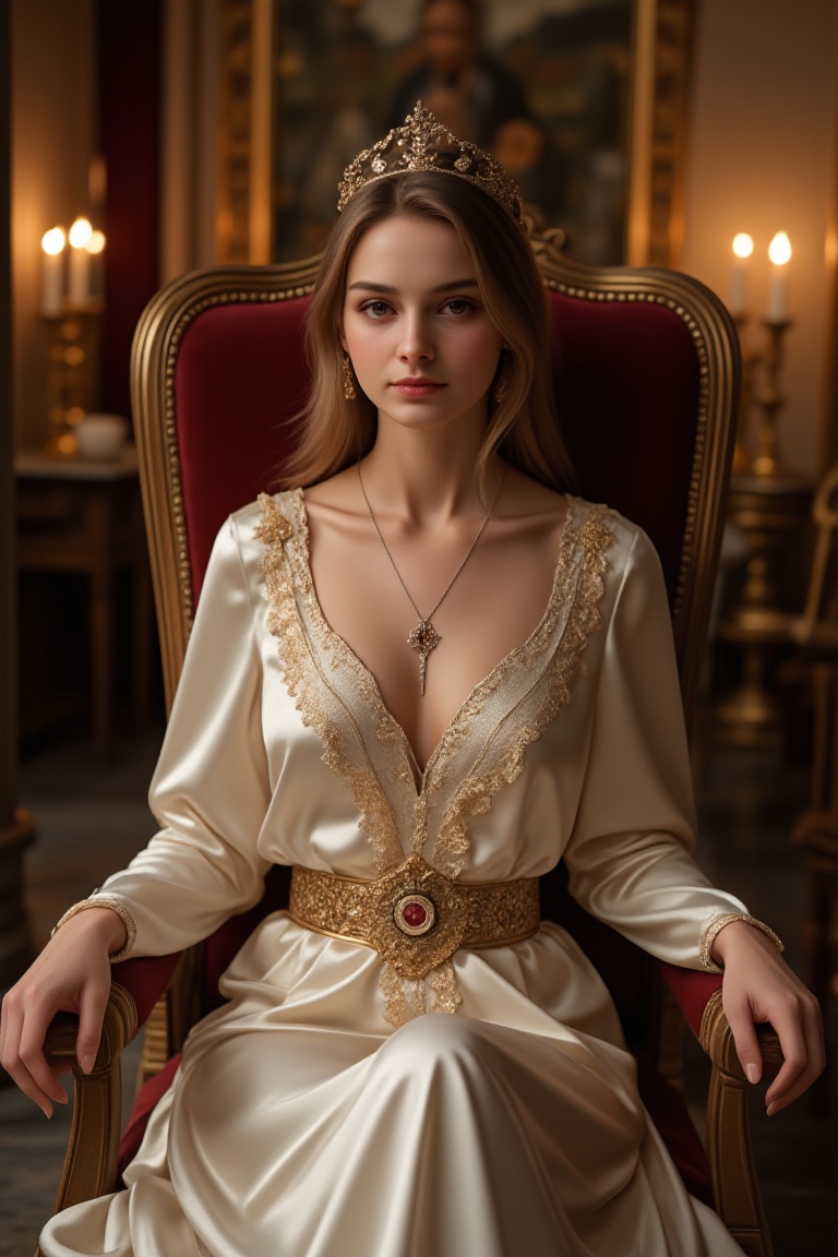 A regal portrait of a young woman,  dressed in a flowing,  lace-trimmed gown and crown on Tensor.Art