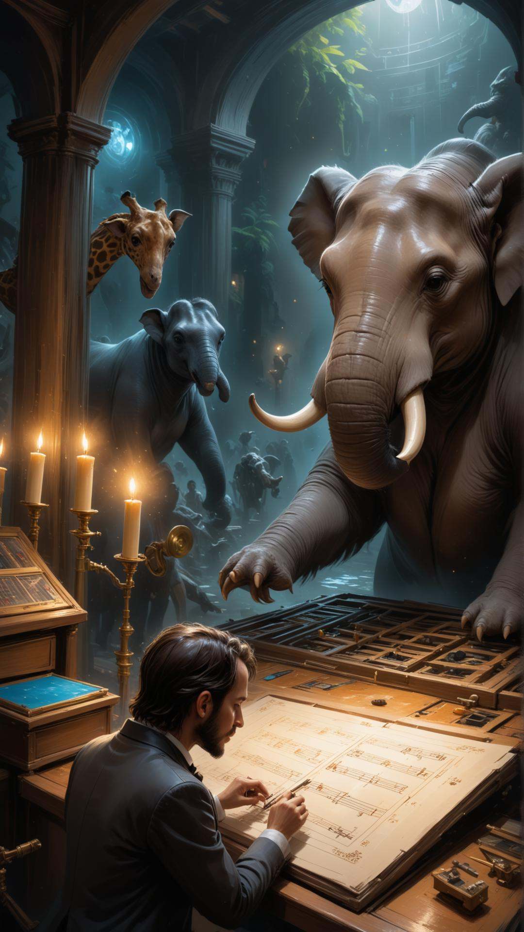 Animals playing musical instruments,  Orchestral setting,  Elephant conductor on Tensor.Art