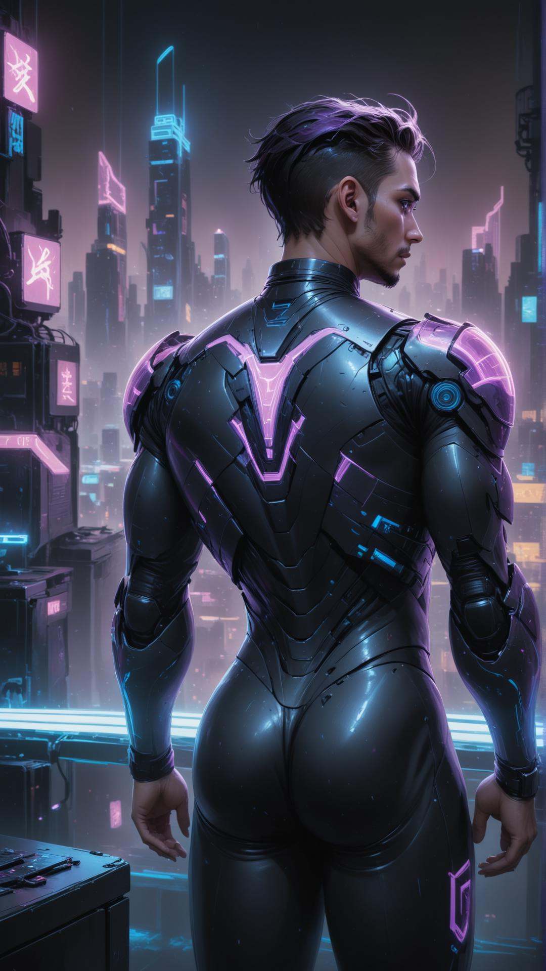 A male ballet dancer,  backstage in a cyberpunk city,  preparing for a performance. The atmosphere is filled with anticipa...