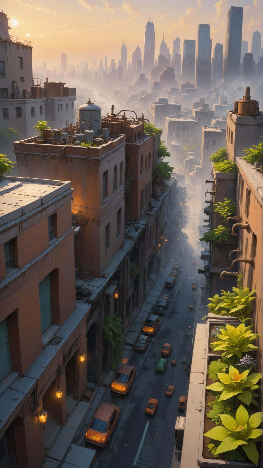 A rooftop garden filled with an orchestra of rusty machines,  coming to life at sunrise,  pastel color palette on Tensor.Art