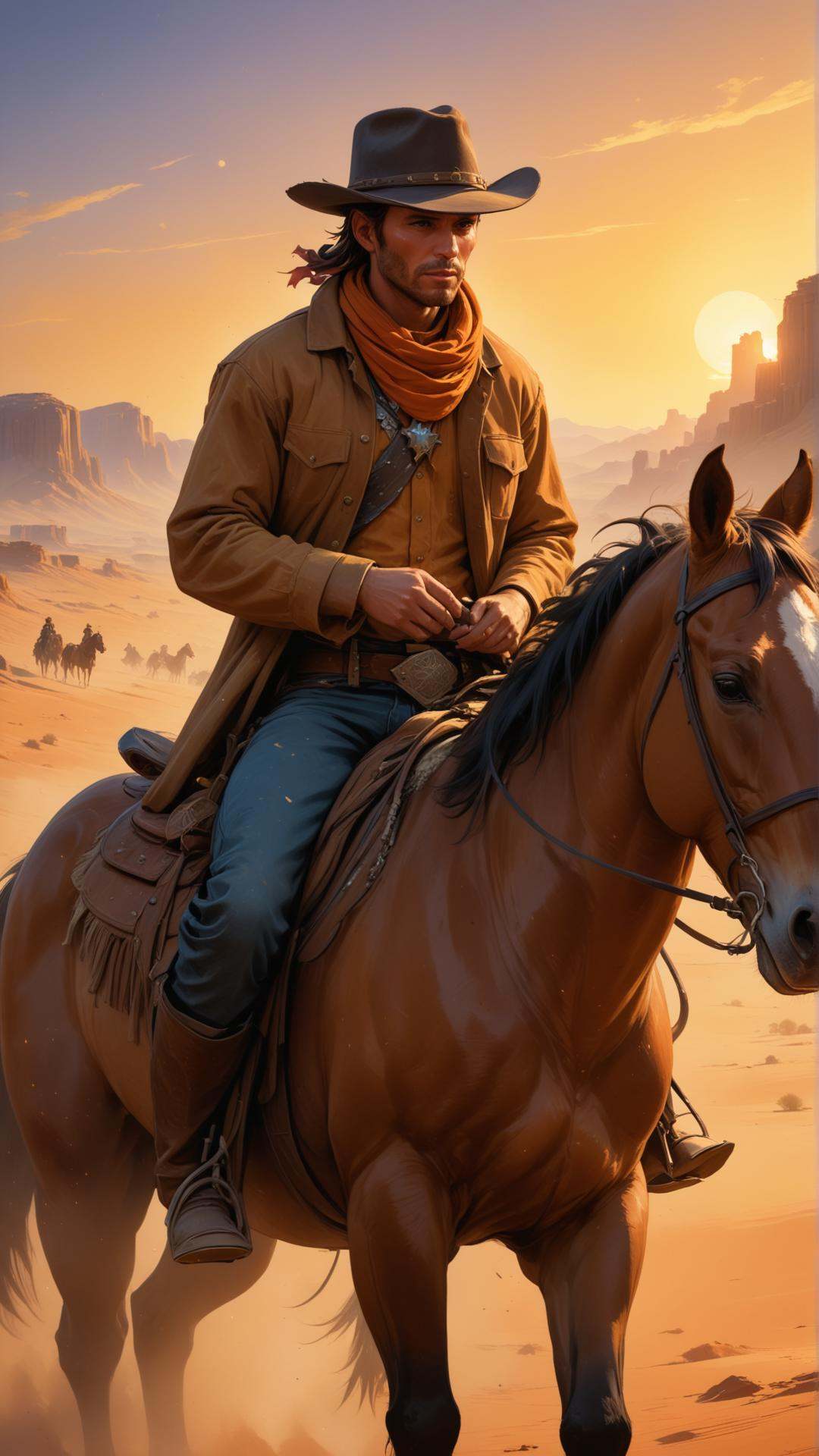 Cowboy riding a horse through a dusty Wild West town at sunset,  with glowing geometric shapes in the background,  vibrant...