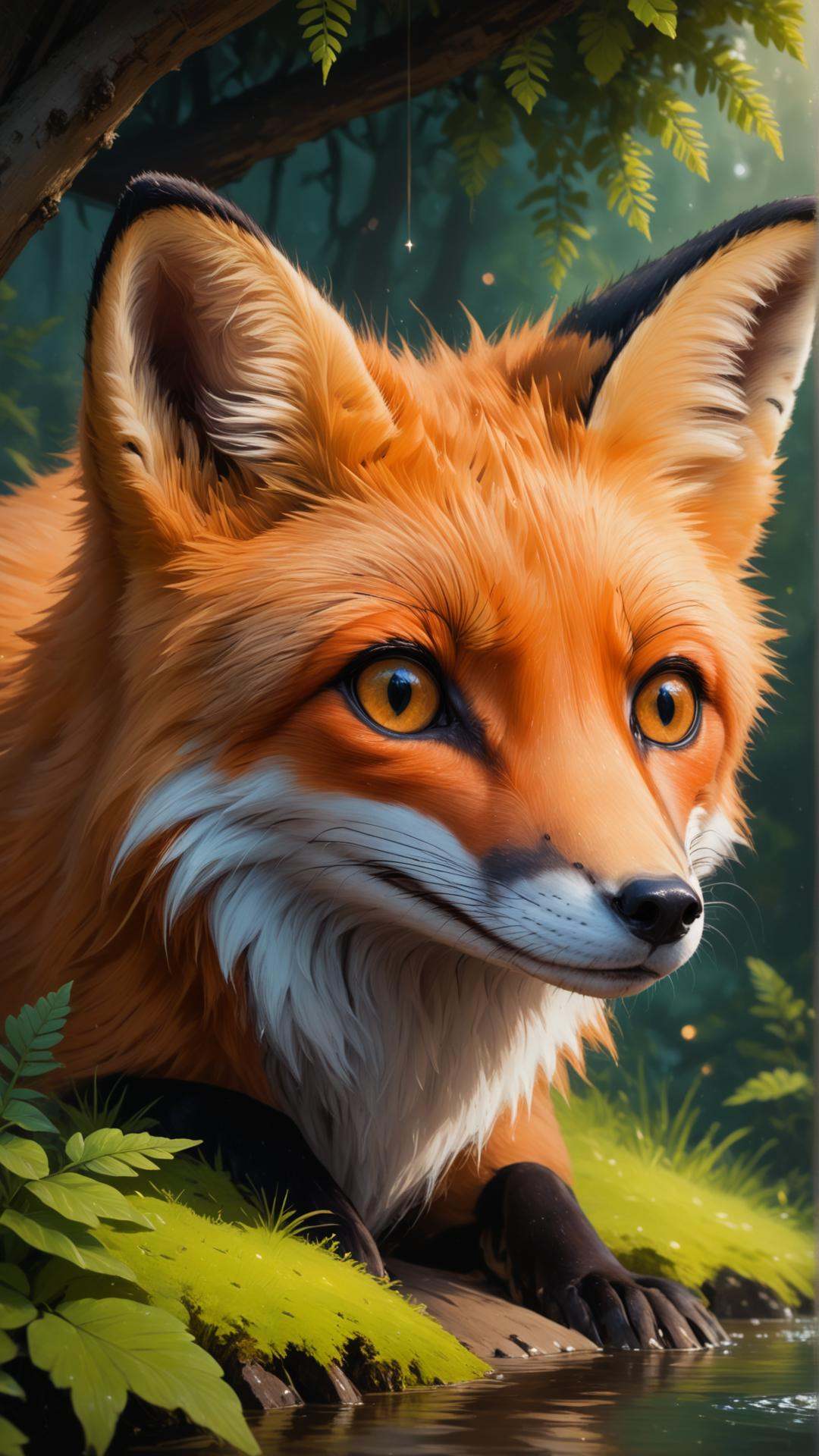 A playful red fox peeking out of a cozy den,  illuminated by a whimsical waterfall of shimmering,  glowing light in a lush...