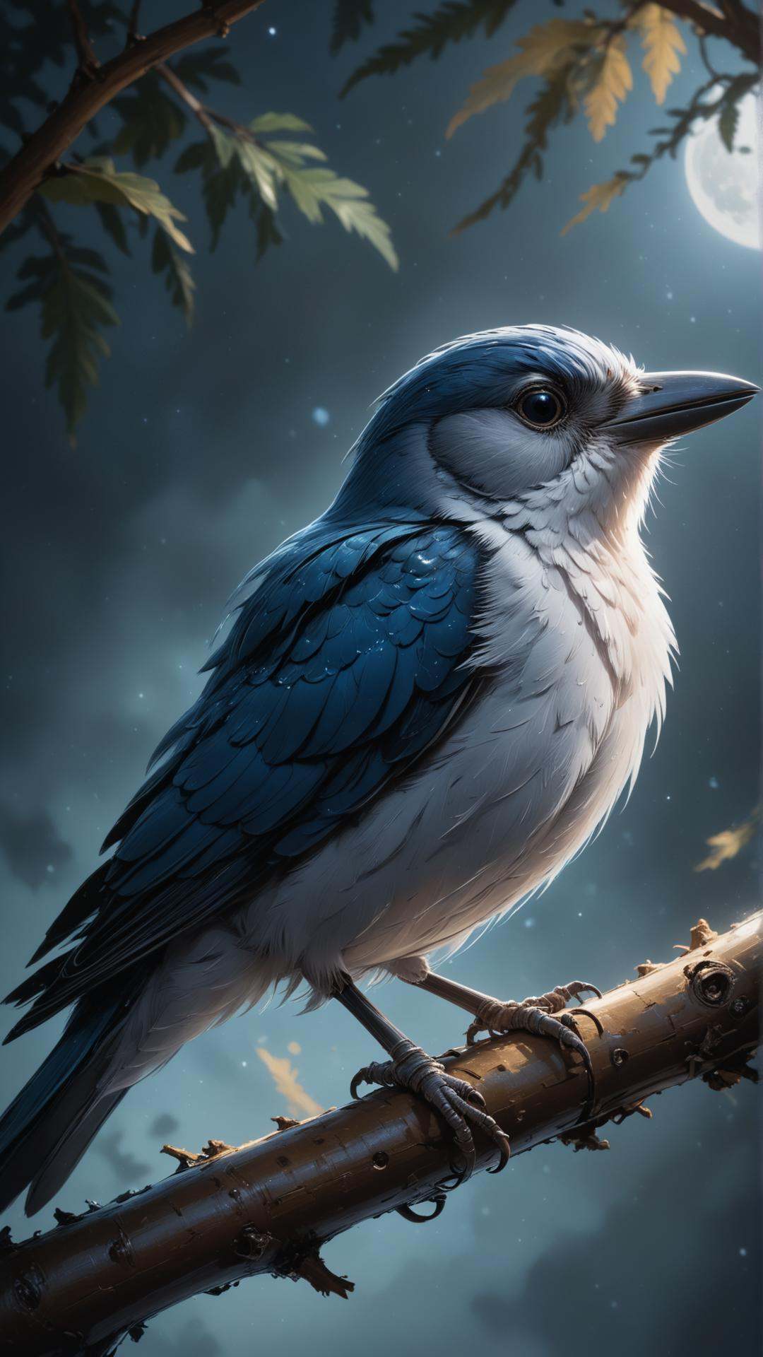 A songbird perched on a branch,  singing in the moonlight,  Mysterious atmosphere on Tensor.Art