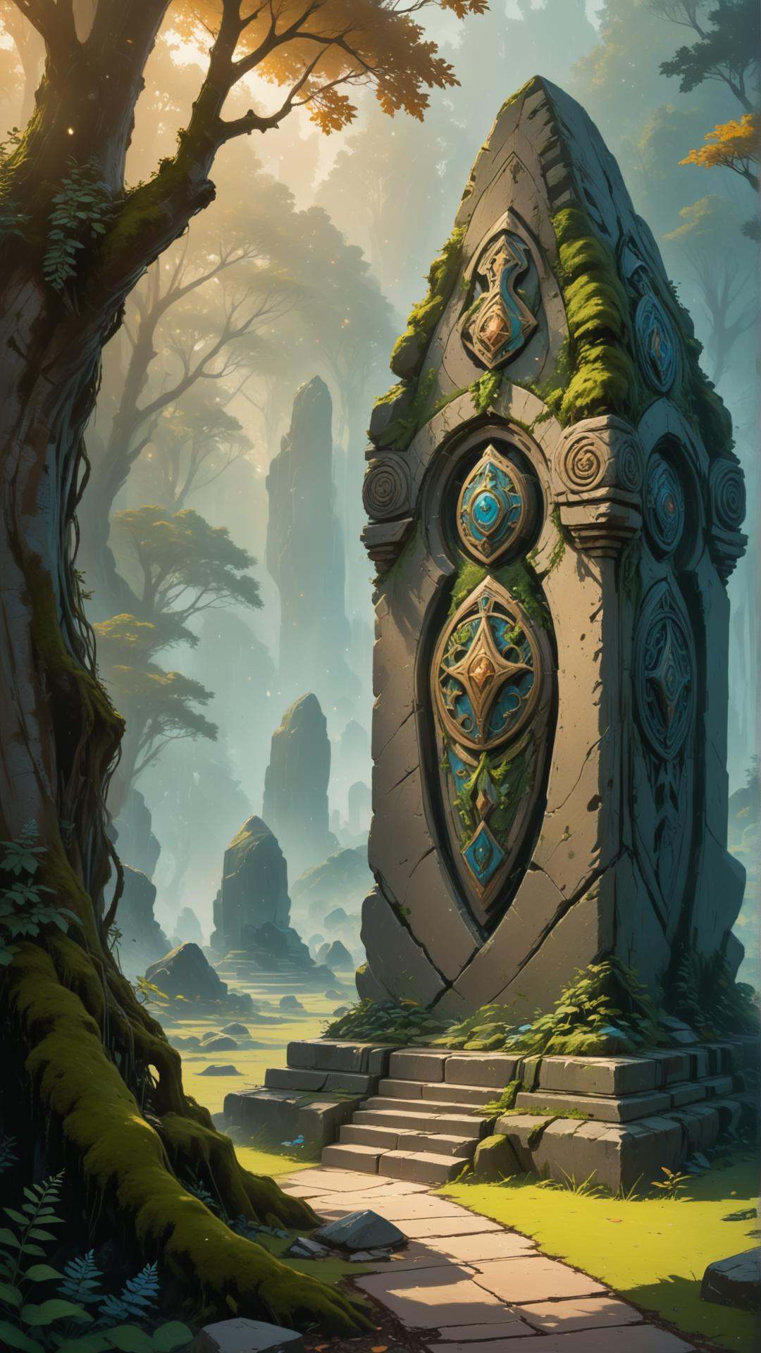 Fantasy art of a timeworn stone guardian standing in the center of a mystical stone circle,  intricate ancient carvings,...