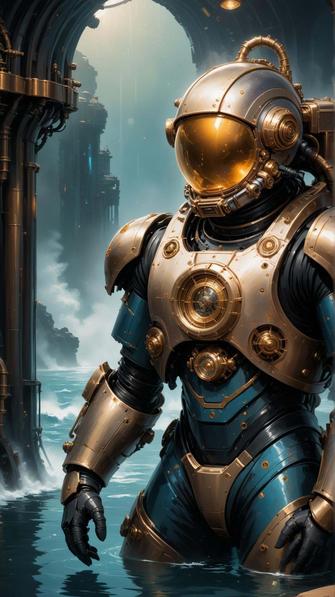 An astronaut standing in front of a glowing,  steampunk-inspired wishing well,  Time-travel motifs on Tensor.Art