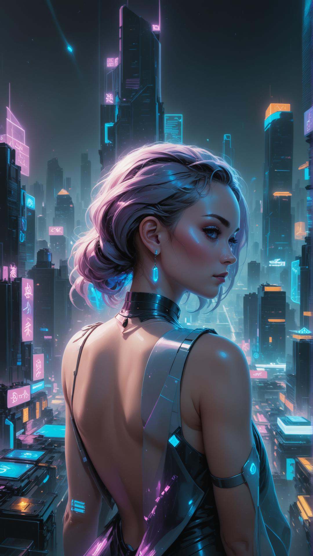 A young woman wearing a pearl earring,  standing in a futuristic city,  neon lights on Tensor.Art