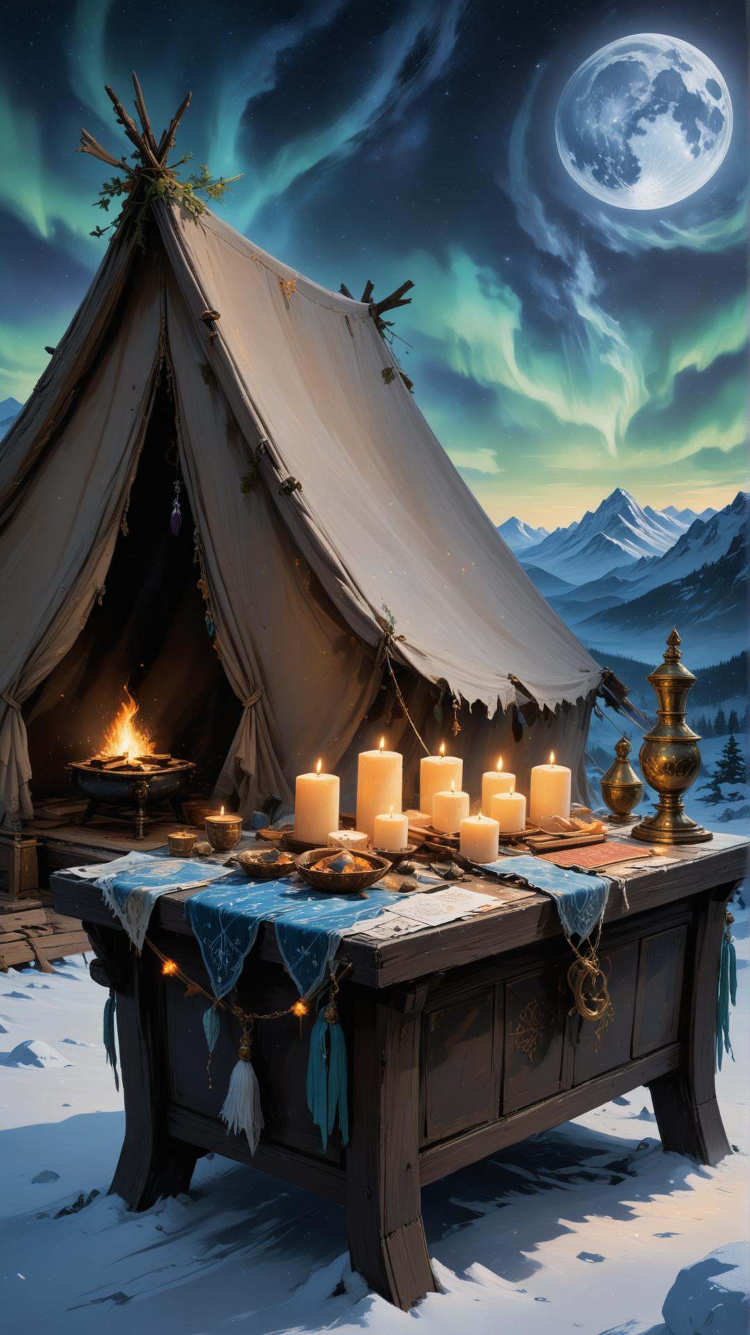 Tent with tattered and frayed fabric,  intricate and elaborate patterns,  tassels and fringes on Tensor.Art