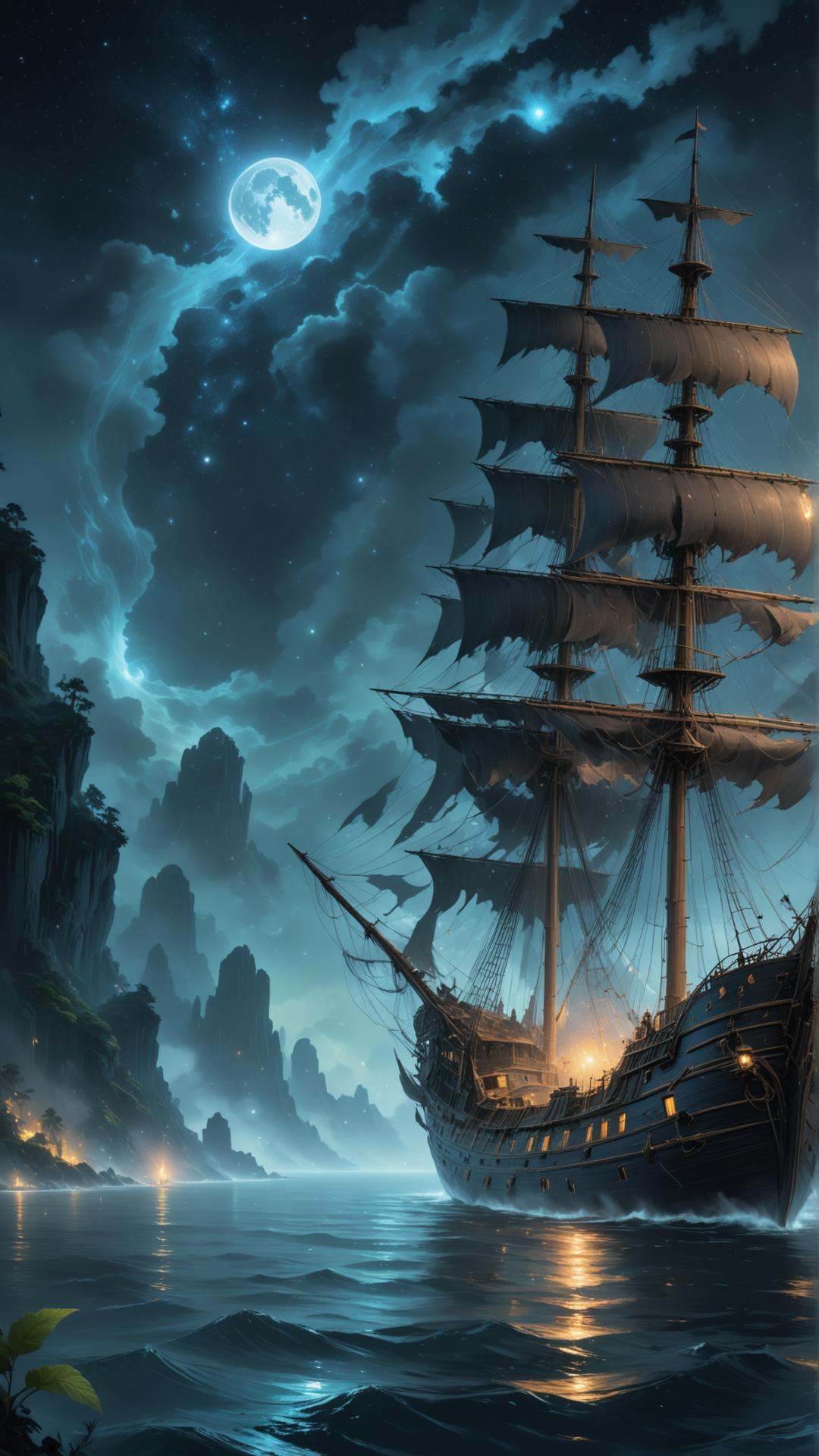 A ghostly ship,  tall masts and tattered sails,  glowing softly with an ethereal light on Tensor.Art