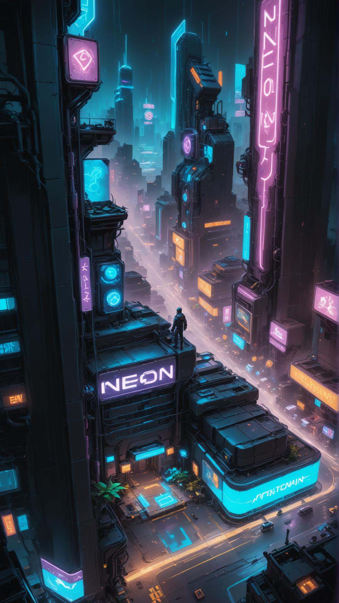 A cybernetic garden featuring a variety of robotic and biomechanical plants,  glowing with neon lights and tubes. The gard...