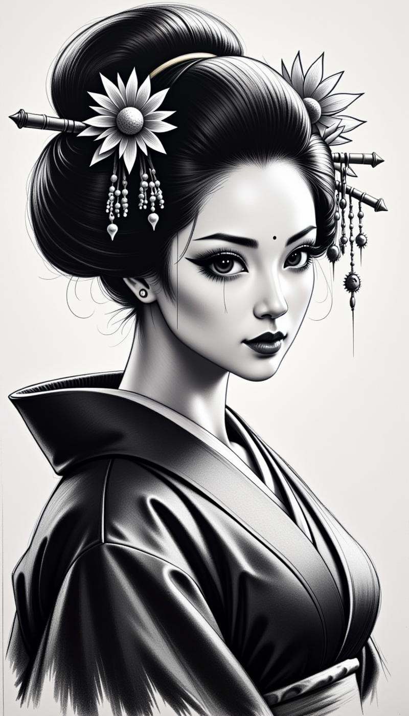 <lora:DarkCharcoalFlux:0.75>A monochrome dark charcoal drawing. A sketchy, rough and messy drawing of geisha