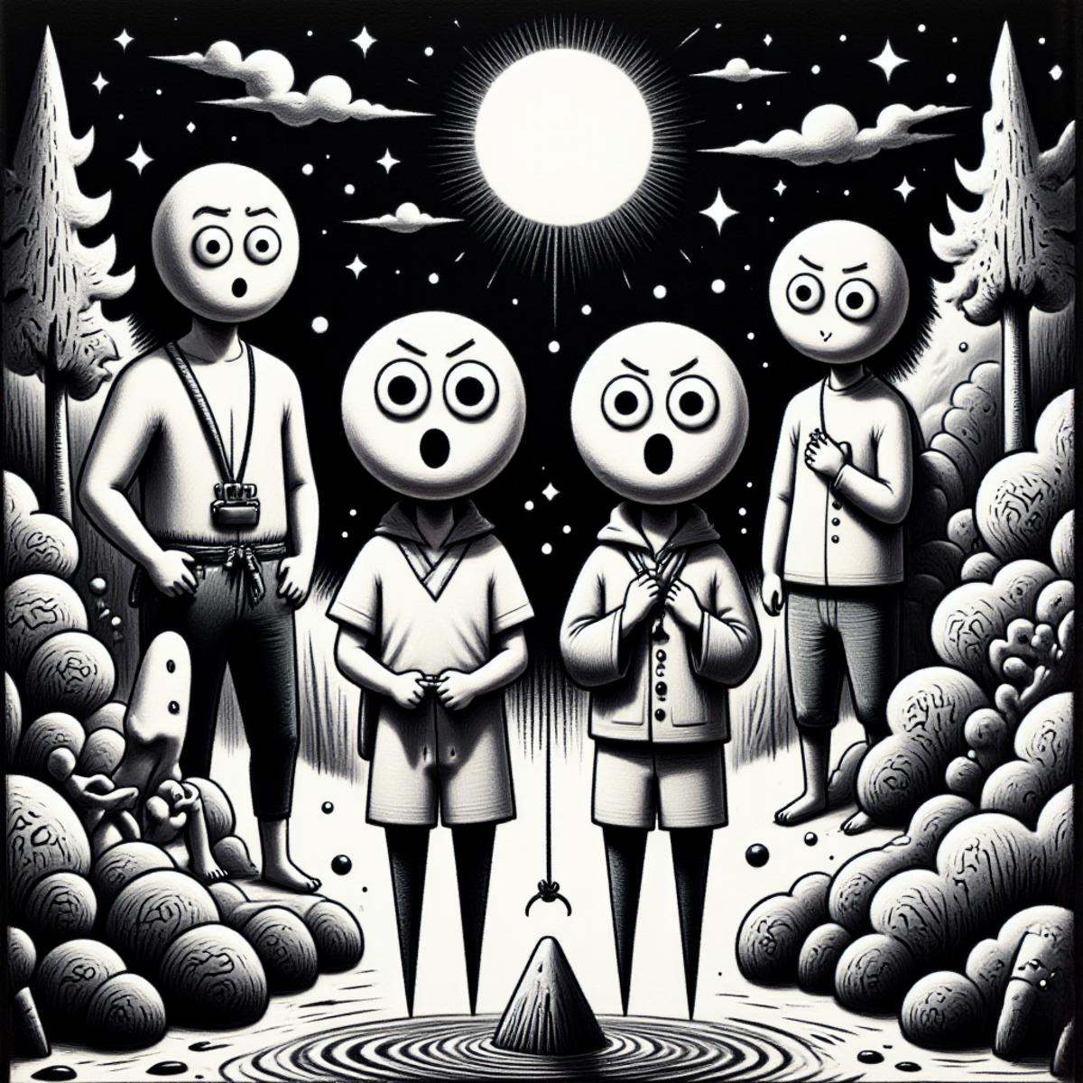 <lora:DarkCharcoalFlux:1>Black background, white chalk, A monochrome dark rough charcoal sketch of a group of ***** friends skinny-dipping in a secluded lake under the moonlight, reveling in the cool water, black and white
