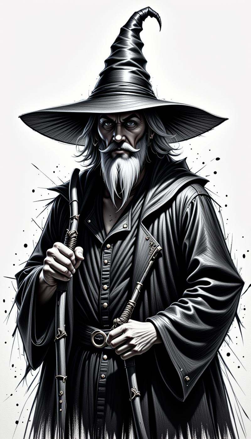 <lora:DarkCharcoalFlux:0.75>A monochrome dark charcoal drawing. A sketchy, rough and messy drawing of wizard, black and white