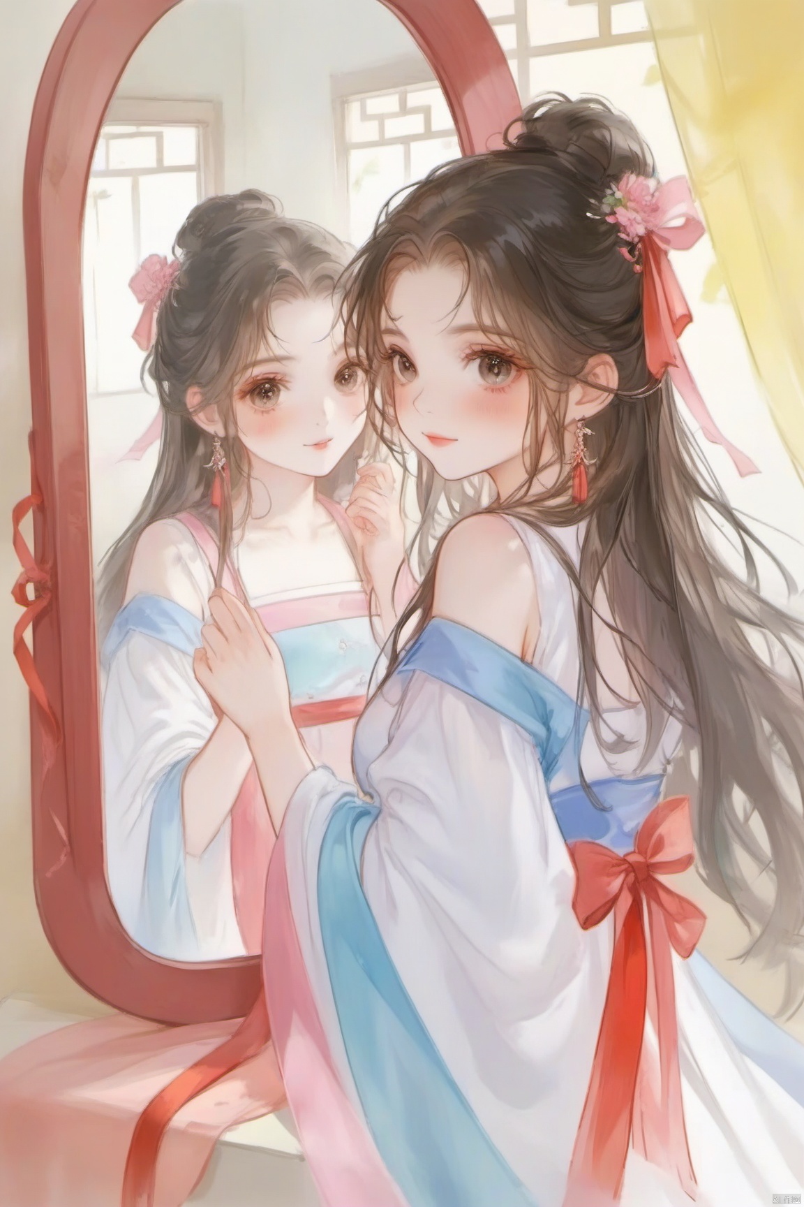  guo_feng,A girl, Long hair, in front of the mirror, there is a girl in the mirror, the girl is holding the mirror, facing the mirror, wearing a ribbon,