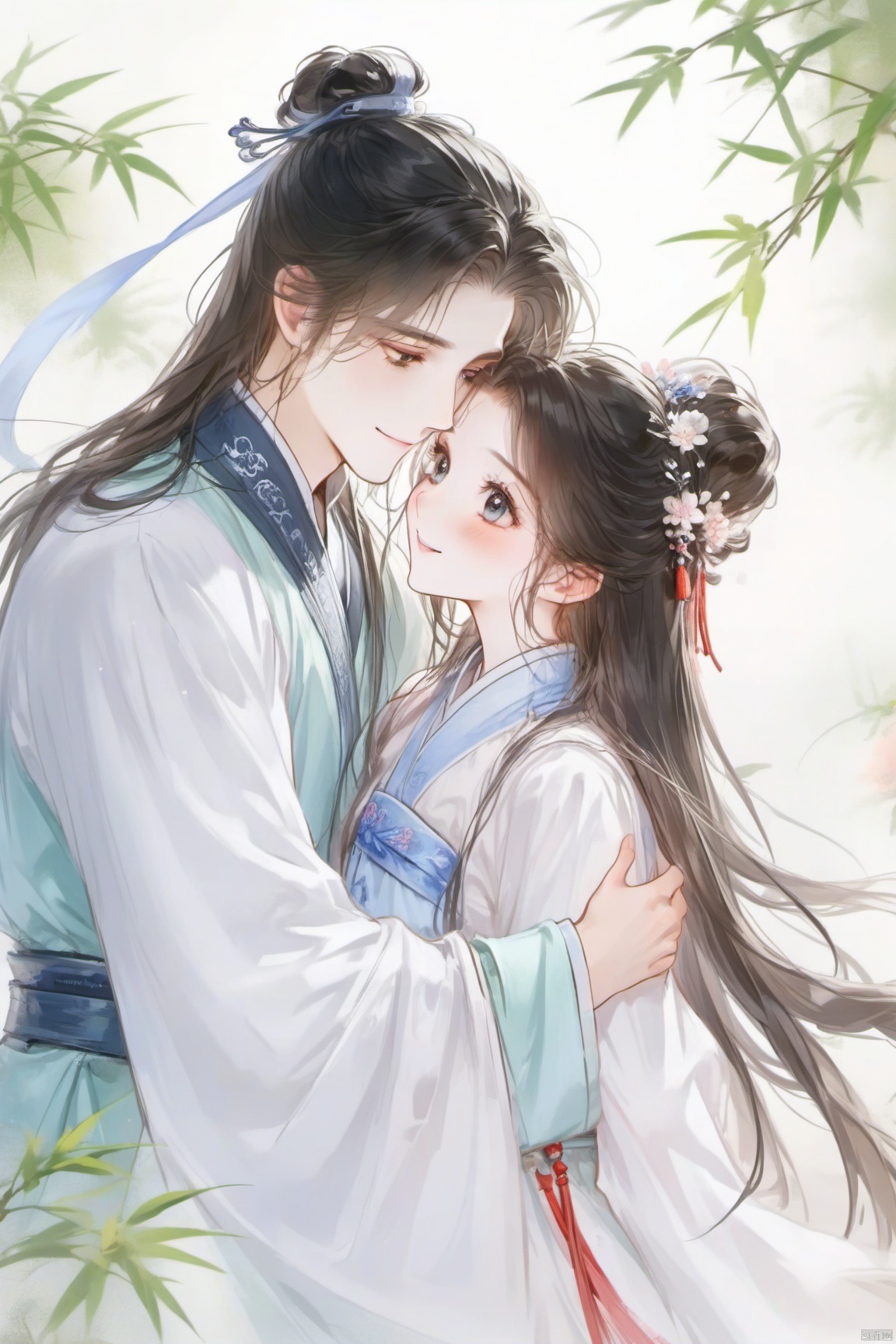 guo_feng, a boy and a girl hugging each other, Chinese clothing, Chinese style, Bun head, the man is wearing blue Hanfu, the man with long hair,