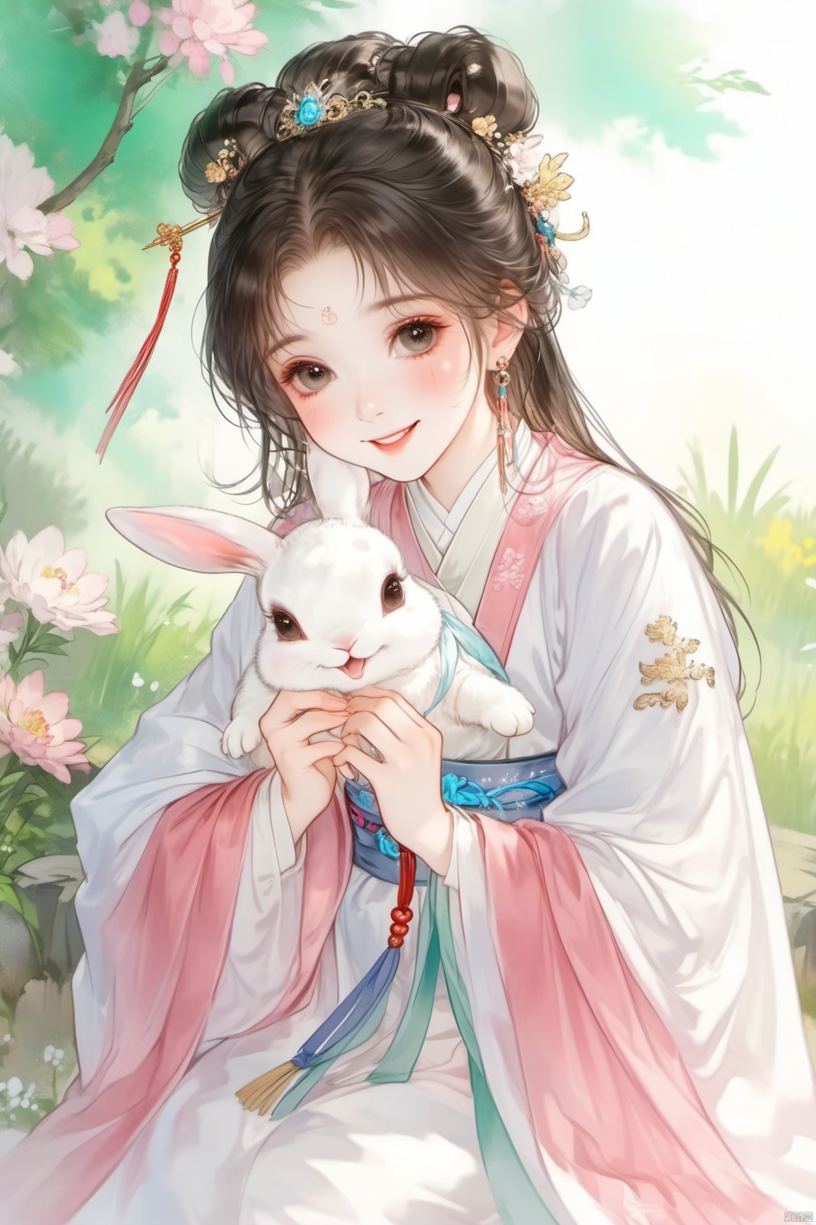 guo_feng,A girl, smiling, swearing, girl touching a white rabbit, cute,Hanfu,