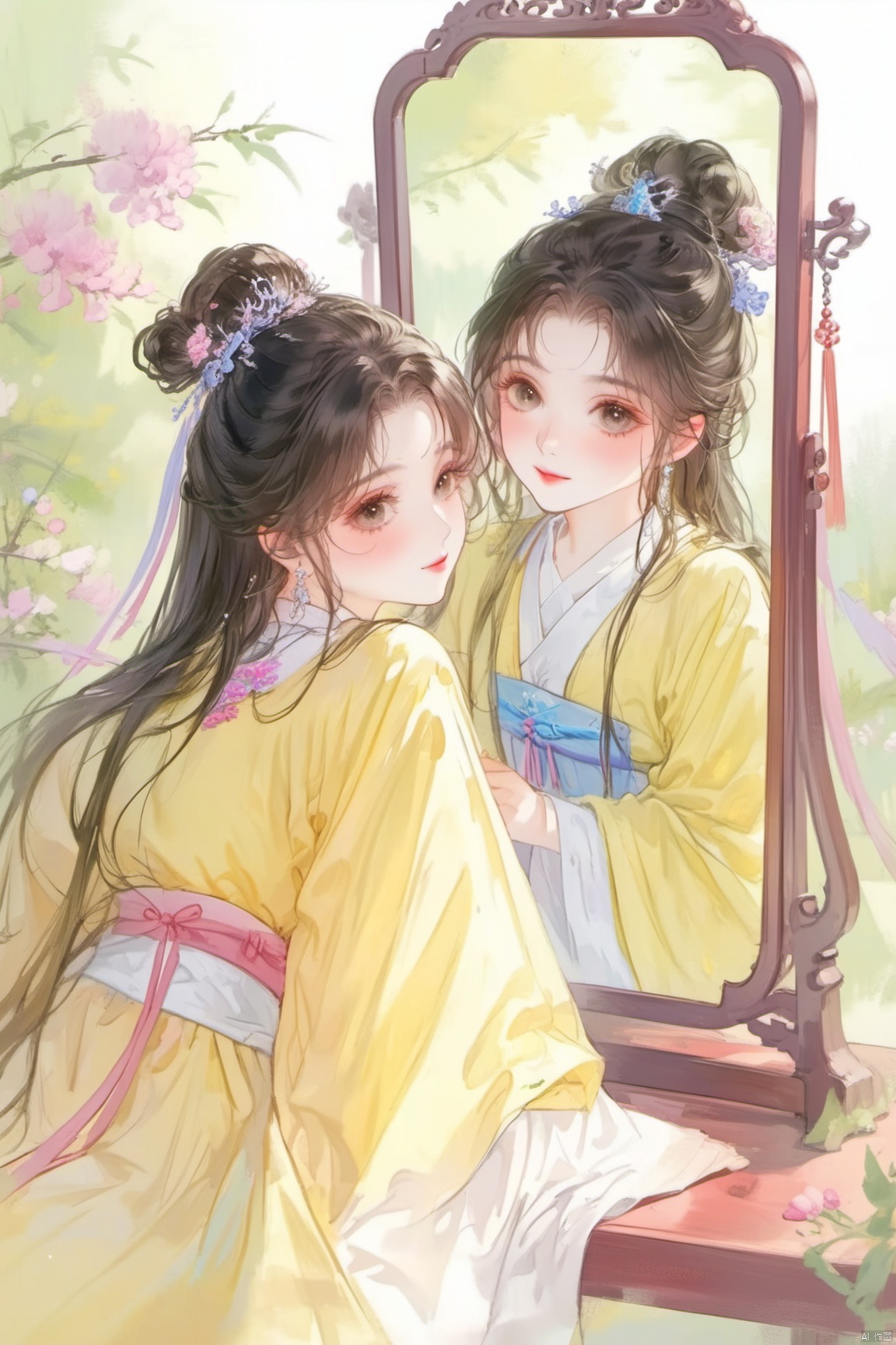 guo_feng,A girl, long hair, in the mirror, there is a girl in the mirror, The girl wore a yellow Hanfu,